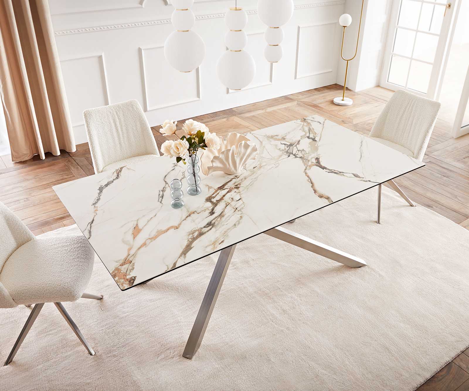 Table à manger Edge 200x100 céramique Calacatta Luxe blanc-doré-gris cadre croisé rectangulaire acier inoxydable 5