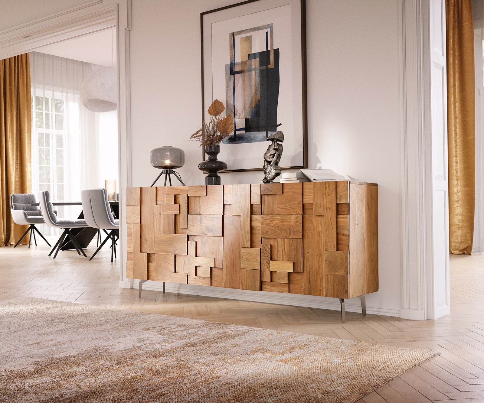 Buffet Puzzle 175 cm acacia naturel 3 portes pied équerre inox Buffet Puzzle 175 cm acacia naturel 3 portes pied équerre inox