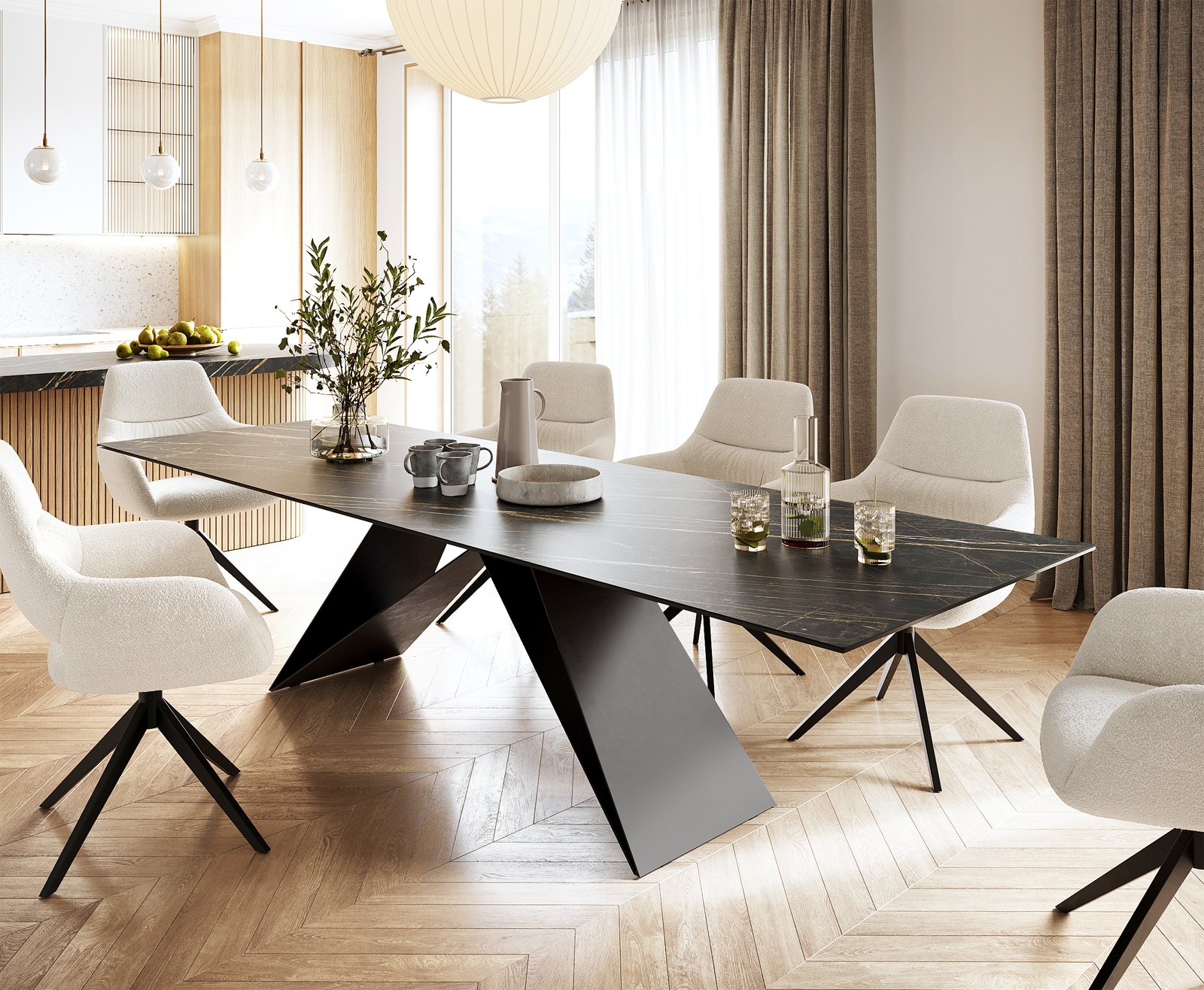 Table-à-manger Edge 300x100cm Laminam® céramique marron V-pieds milieu noir Table-à-manger Edge 300x100cm Laminam® céramique marron V-pieds milieu noir