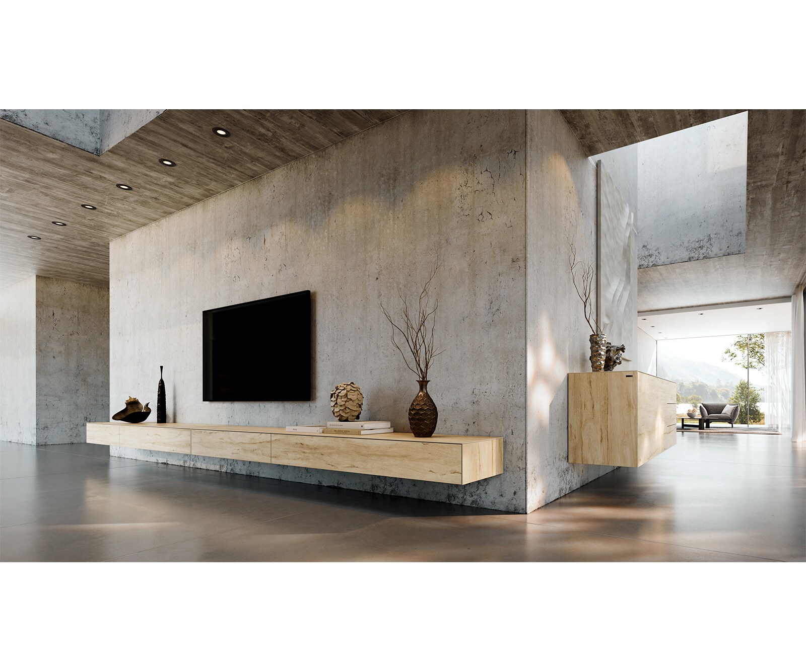 Meuble-TV Cuor 200 cm Céramique Laminam® Sabbia Teinte chêne 1 Clapet 1 Tiroir Pied optique flottant Métal Noir 7