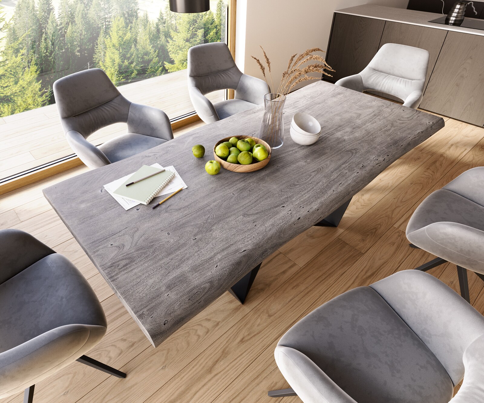 Table à manger Edge 220x100 XL acacia platine Spider acier plat noir Live-Edge 4