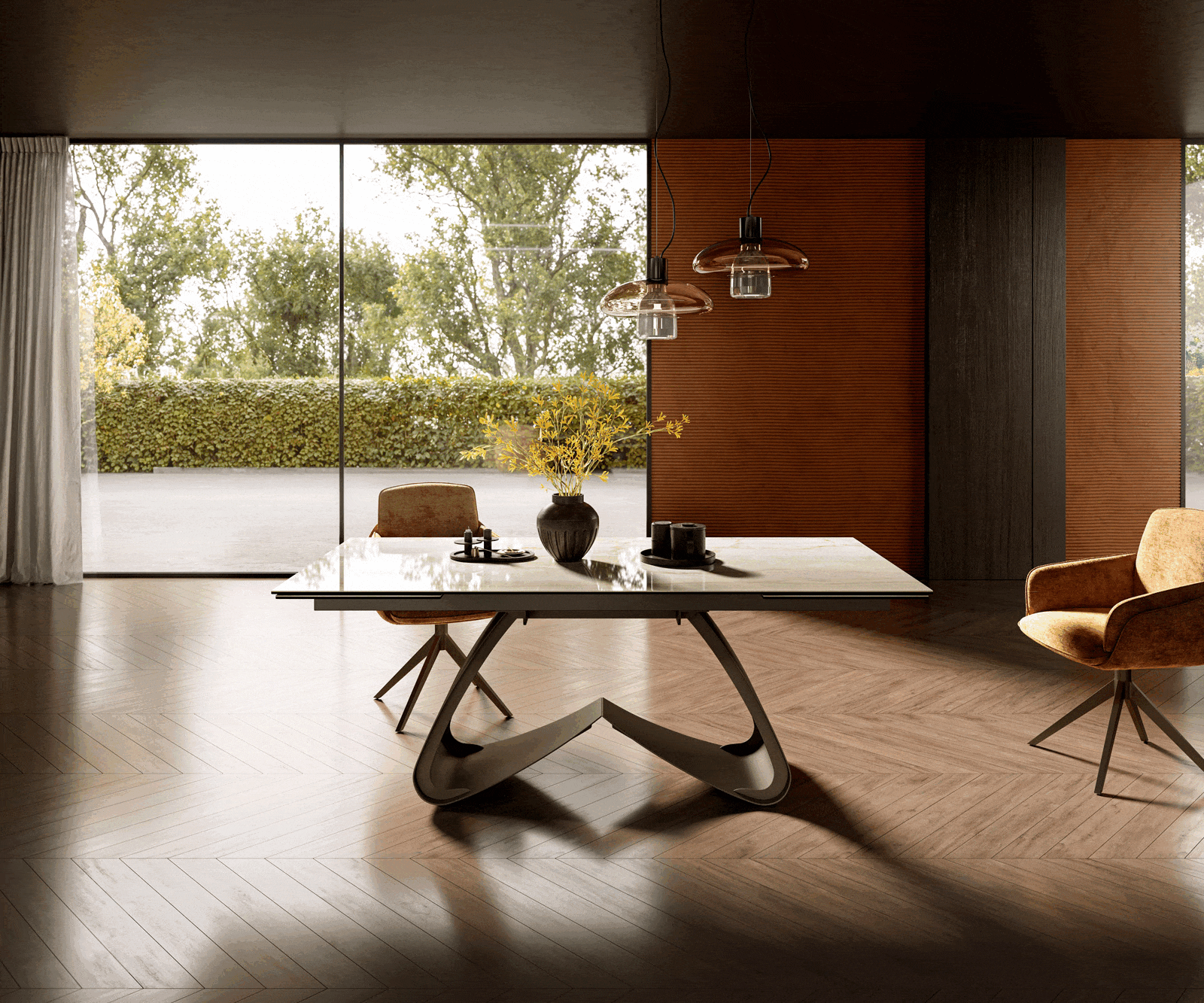 Table à manger Edge 200-300x100 céramique Laminam® Onice Oro cadre en W effet finition titanee extensible 1