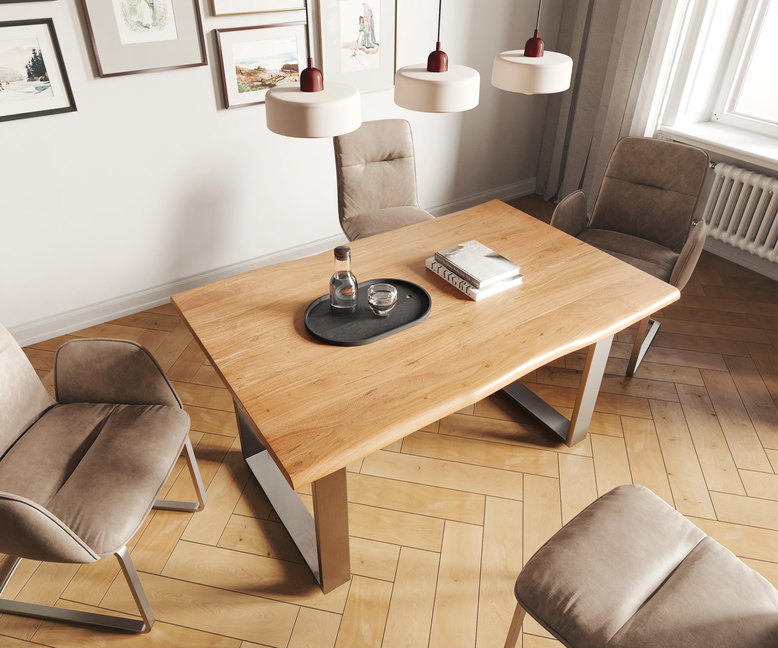 Table-à-manger Edge 140x90 acacia nature acier inoxydable mince Live-Edge 3 Table-à-manger Edge 140x90 acacia nature acier inoxydable mince Live-Edge 3
