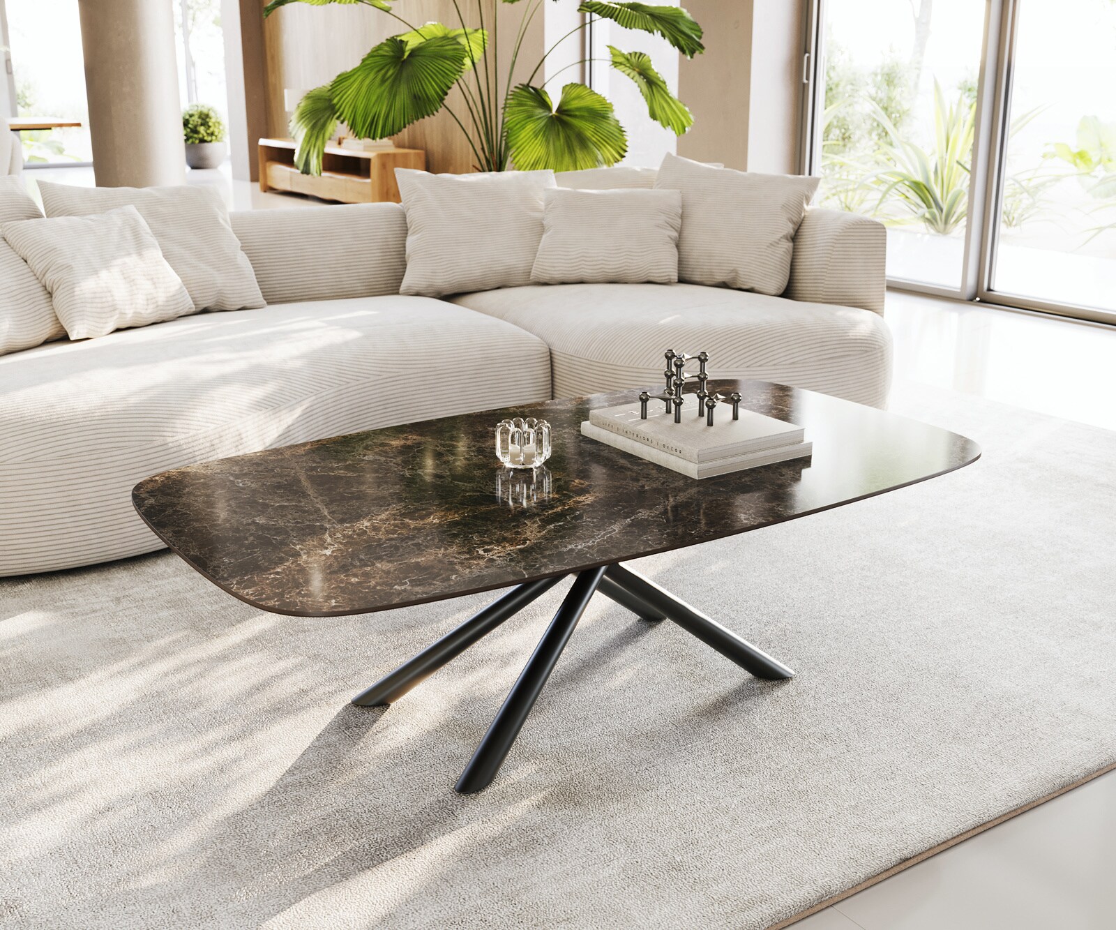 Table basse Edge bateau 140x80 cm céramique Emperador Extra Lucidato brun foncé Sarity métal noir