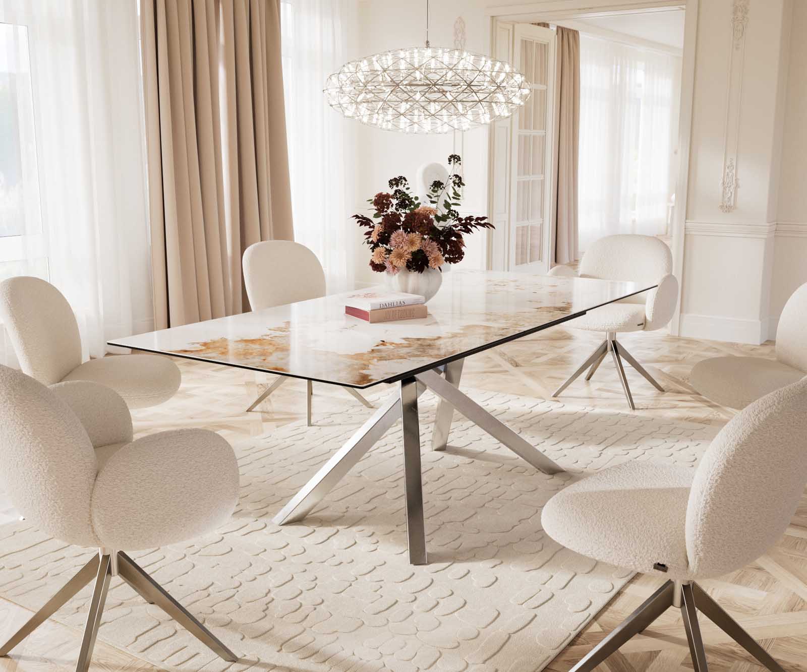 Table à manger Edge 180-220x100 céramique Minas mélange blanc-beige cadre croisé rectangulaire acier inoxydable extensible 9