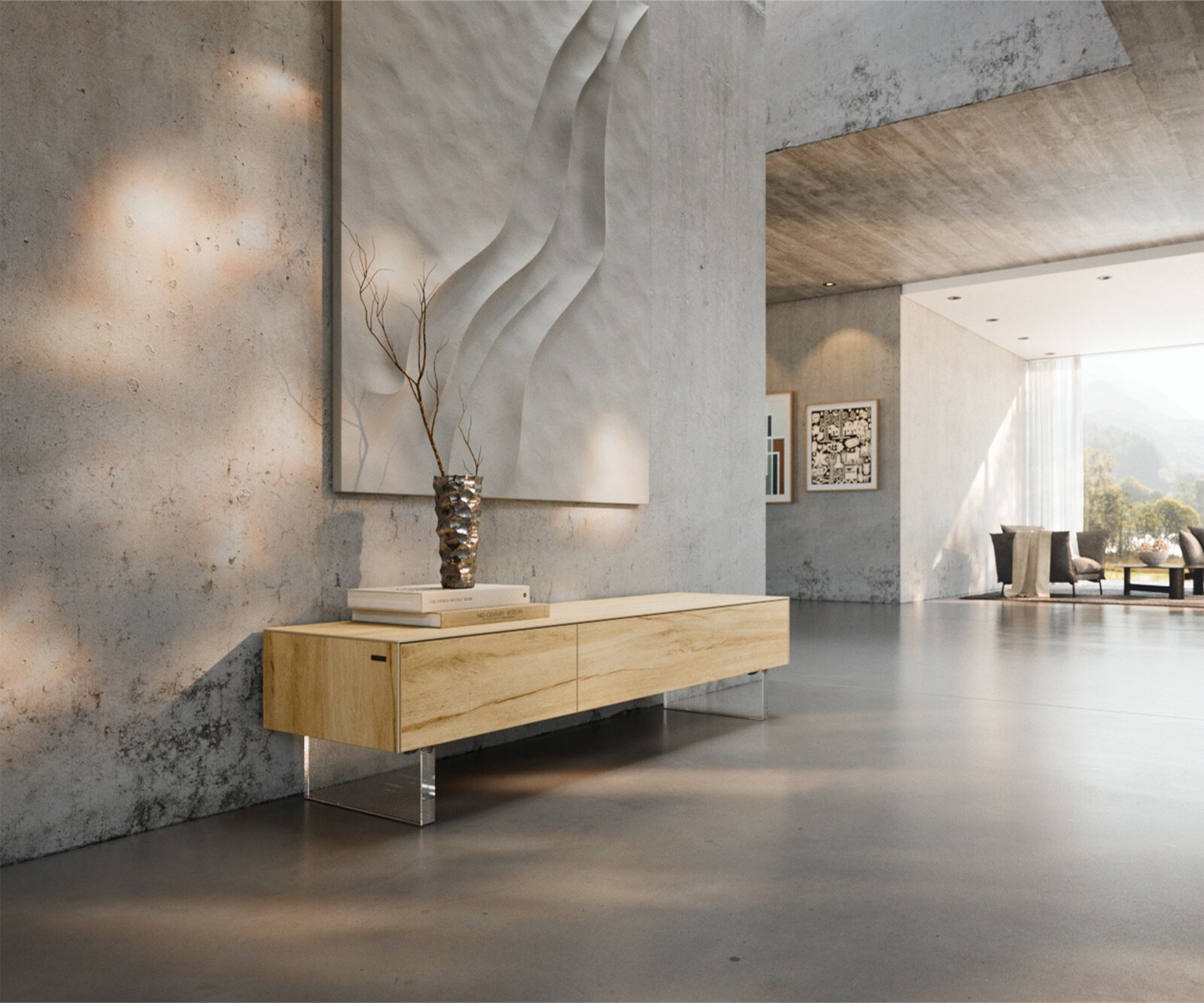 Meuble-TV Cuor 150 cm Céramique Laminam® Sabbia Teinte chêne 1 Clapet 1 Tiroir Pied optique flottant Verre acrylique