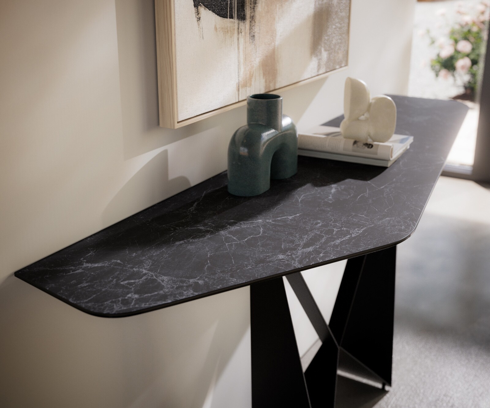 Console Edge Polygonal 180x50 cm Céramique Laminam® Nero Greco Anthrazit Spios Métal Noir 3