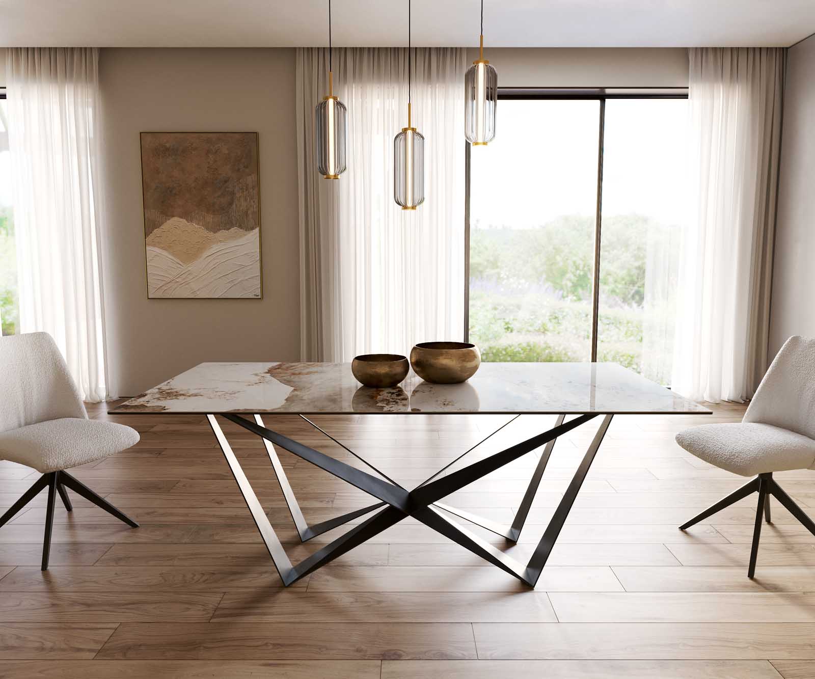 Table à manger Edge 200x100 céramique Minas mélange blanc-beige Spider acier plat noir 2