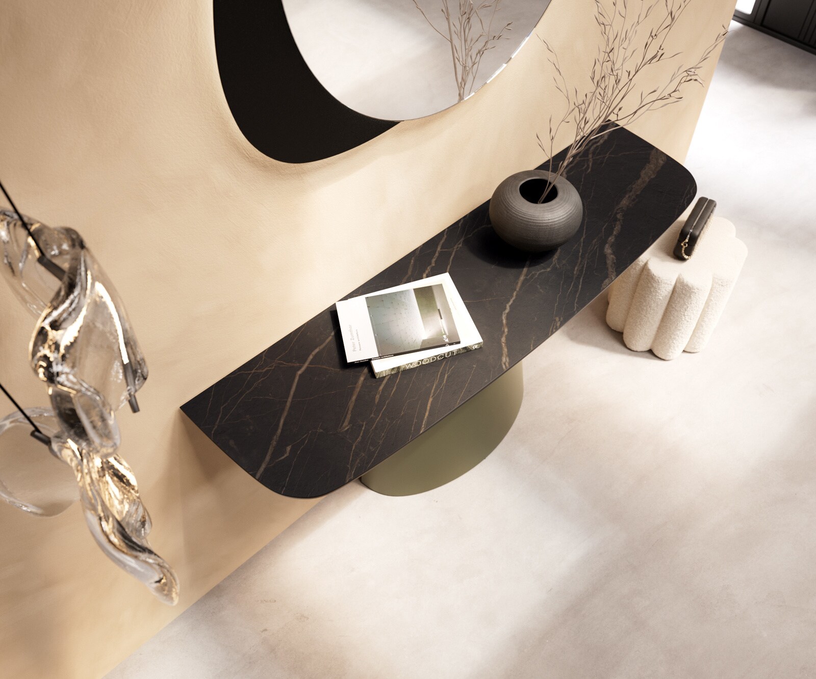 Console Edge forme bateau 140x40 cm Céramique Laminam® Noir Desir Braun Conos Métal Effektfinish Titan 4