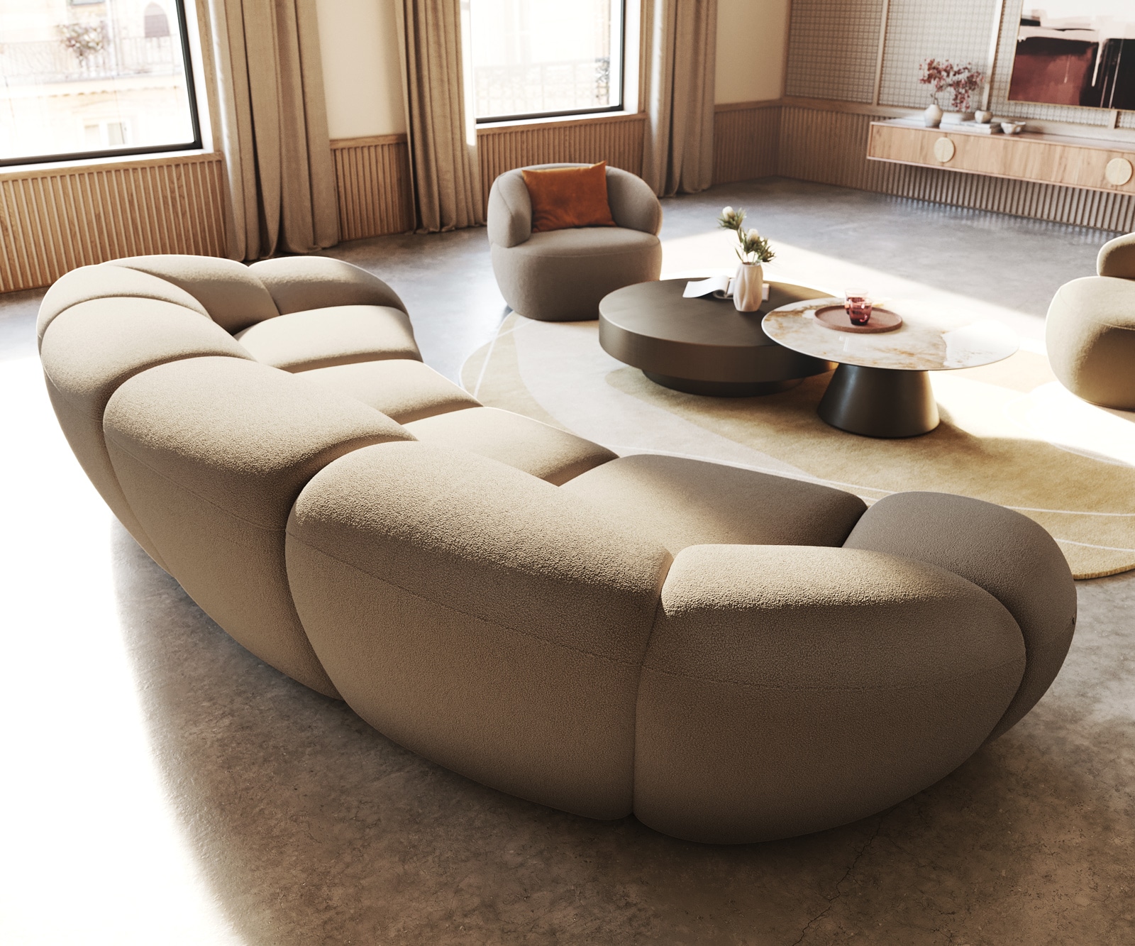 Bigsofa Lunna 360x175 cm Bouclé fin Taupe2 coussins 8