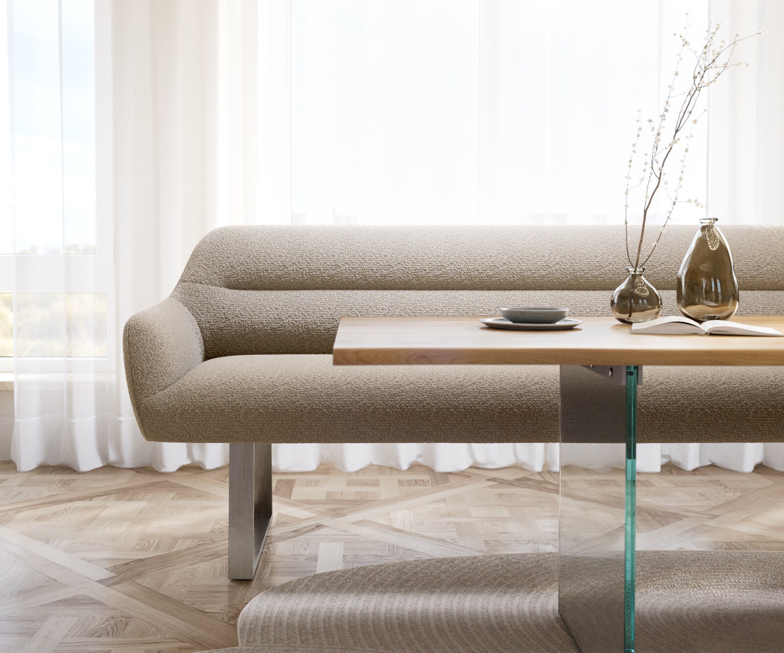 Banc-de-salle-à-manger Taya-Flex 200 cm bouclé boue piètement à patins angulaire acier inoxydable ressort ensaché 2