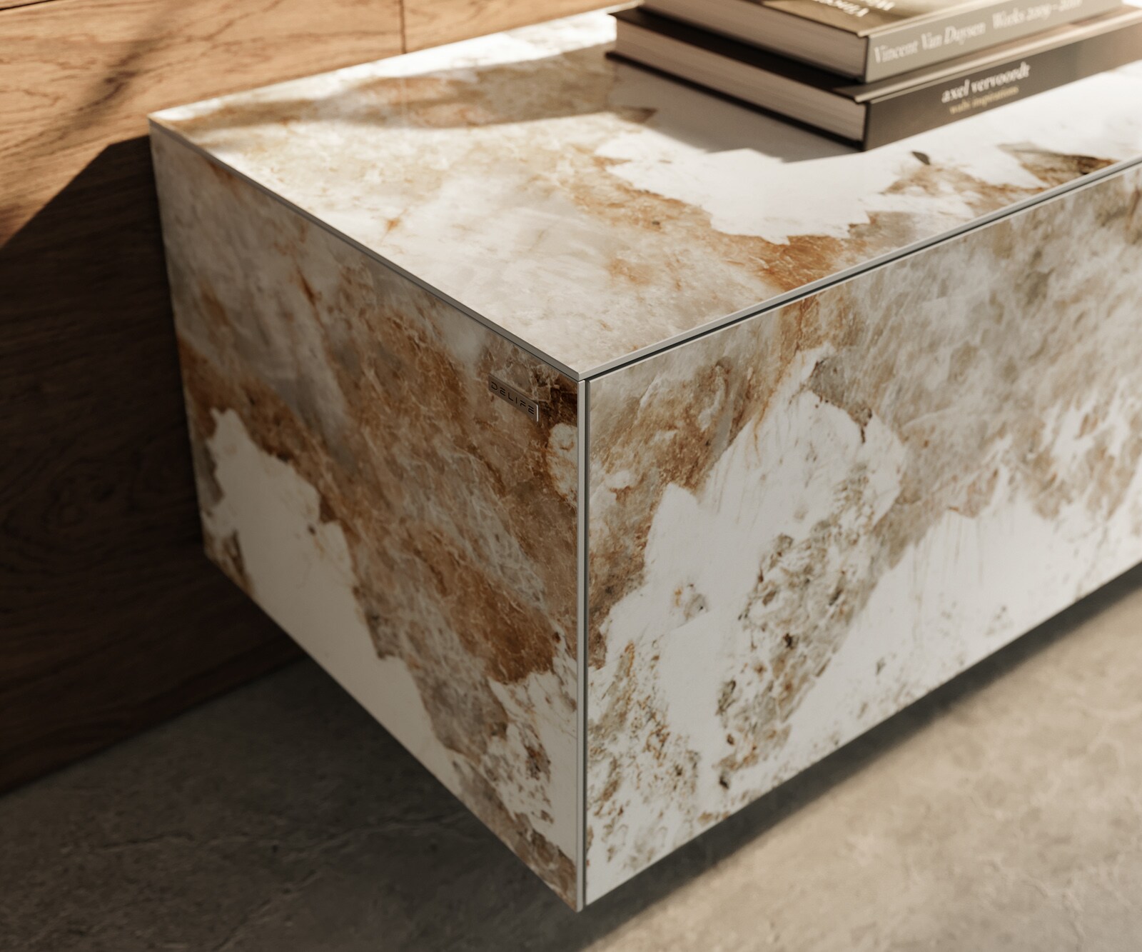 Meuble-TV Cuor 220 cm Céramique Minas Melange Blanc-beige 1 Clapet 2 Tiroirs Flottant 6