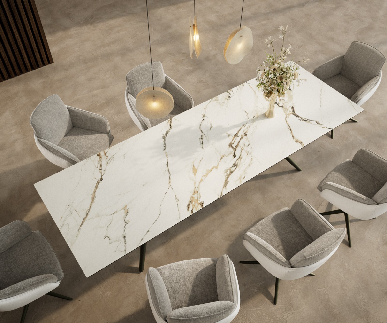 Table à manger Edge 300x100 Céramique Calacatta Luxe Blanc-Doré-Gris Estelar rond Métal finition à effet Titane 3