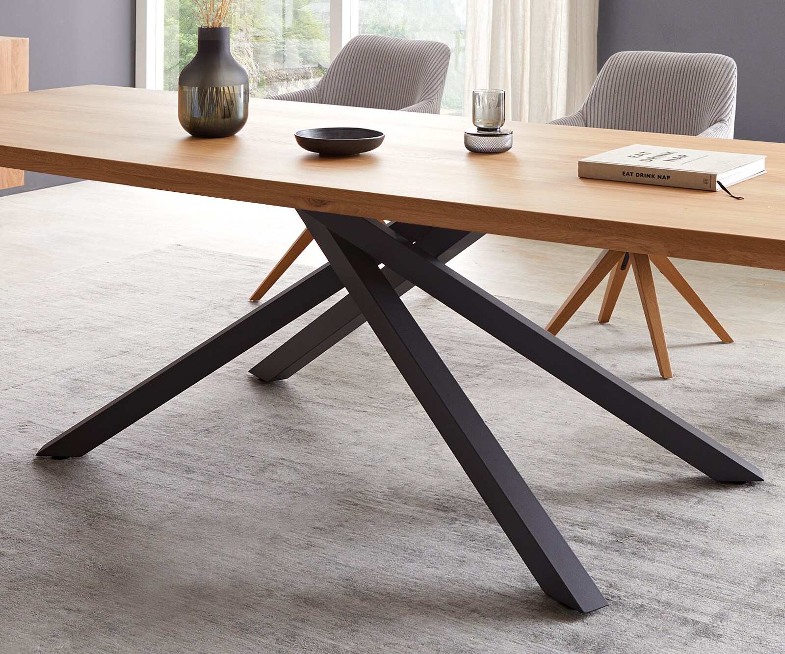 Table de salle à manger Edge 300x100 Chêne Naturel Cadre croisé Rectangle Noir 4