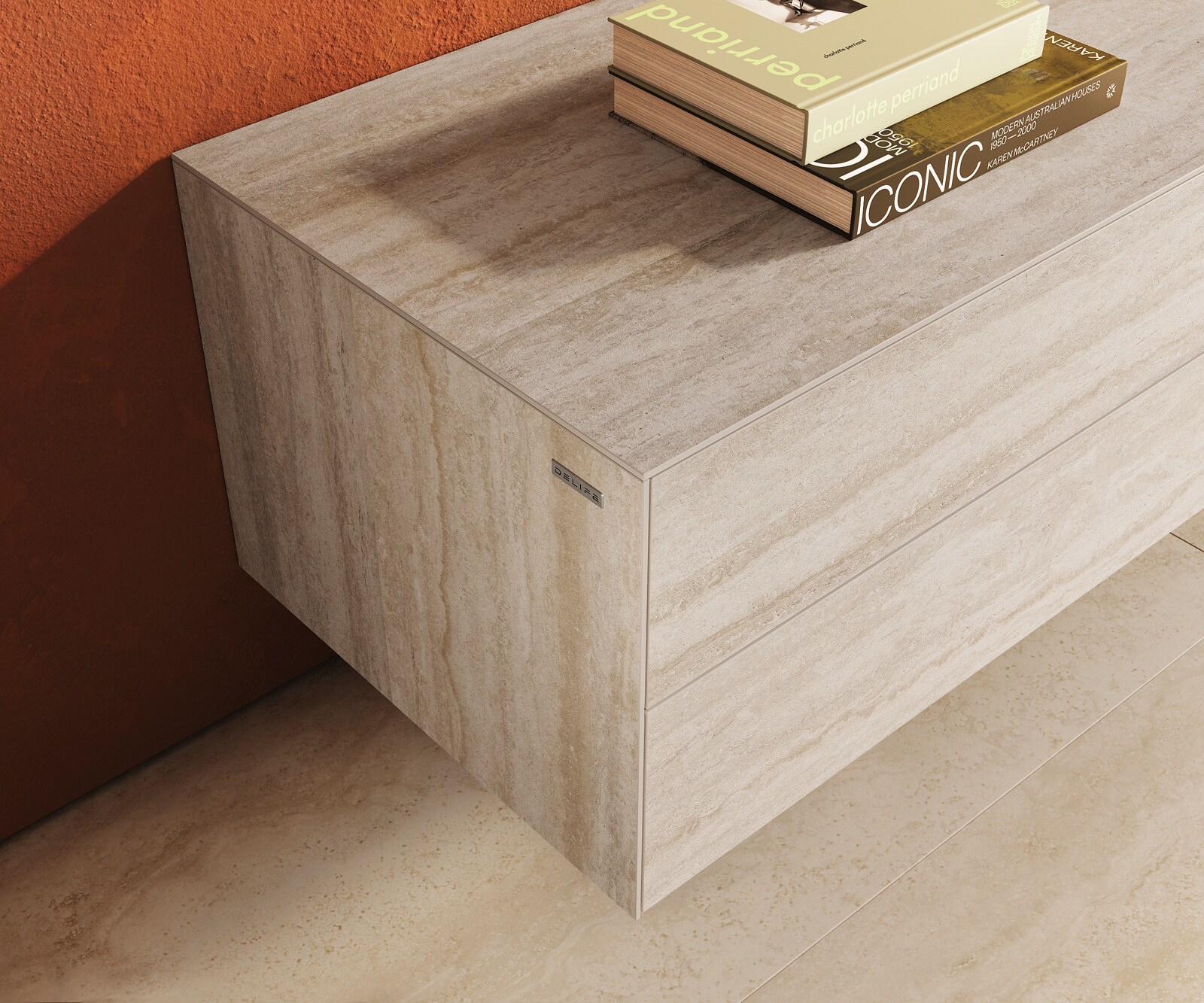 Meuble-TV Cuor 180 cm Céramique Laminam® Travertino Bianco Crème-blanc 1 Clapet 2 Tiroirs Flottant 5