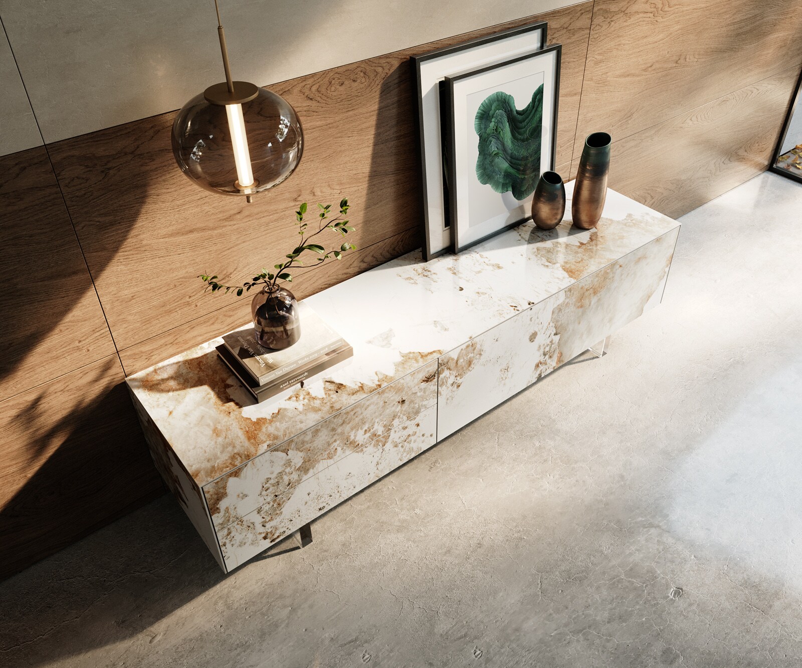 Meuble-TV Cuor 180 cm Céramique Minas Melange Blanc-beige 1 Clapet 2 Tiroirs Pied optique flottant Verre acrylique 3