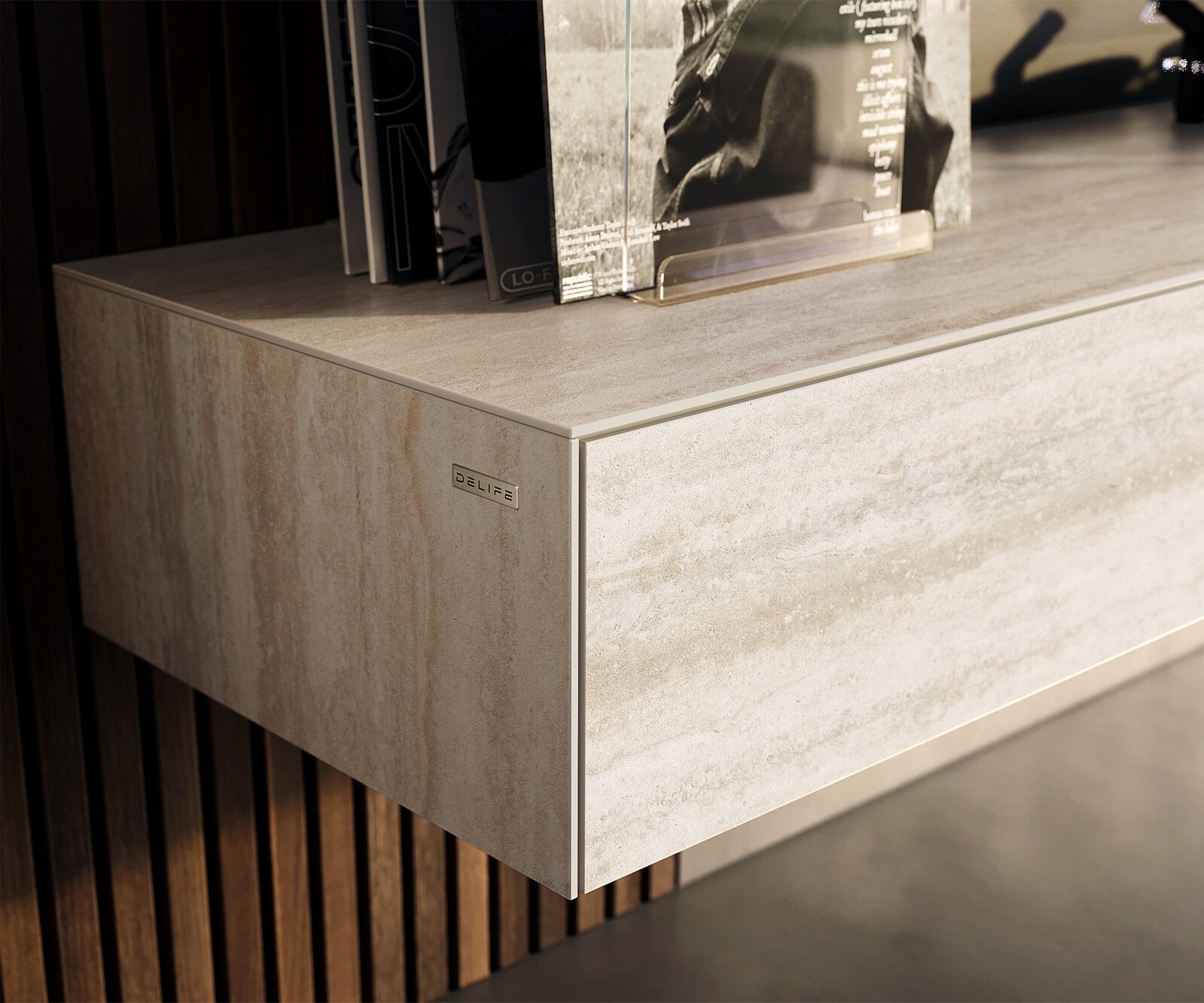 Meuble-TV Cuor 150 cm Céramique Laminam® Travertino Bianco Crème-blanc 1 Clapet 1 Tiroir Flottant 5