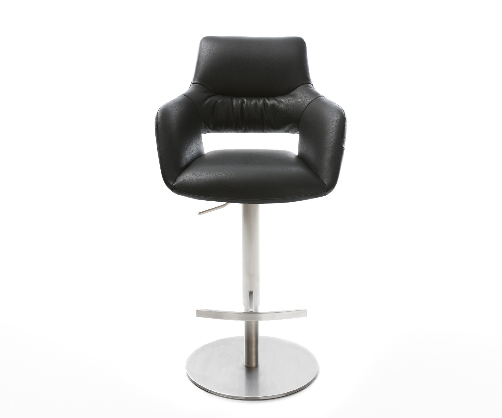 Chaise-de-bar Yago-Flex cuir véritable noir pied pivotant réglable en hauteur acier inoxydable pivotant ressorts ensachés 2