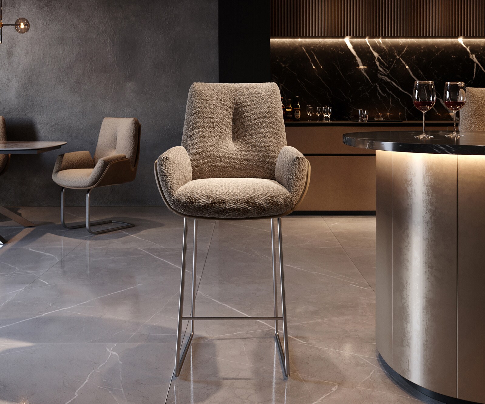 Chaise-de-bar Clea-Flex mélange de matériaux boue piétement traîneau acier inoxydable ressorts ensachés 2