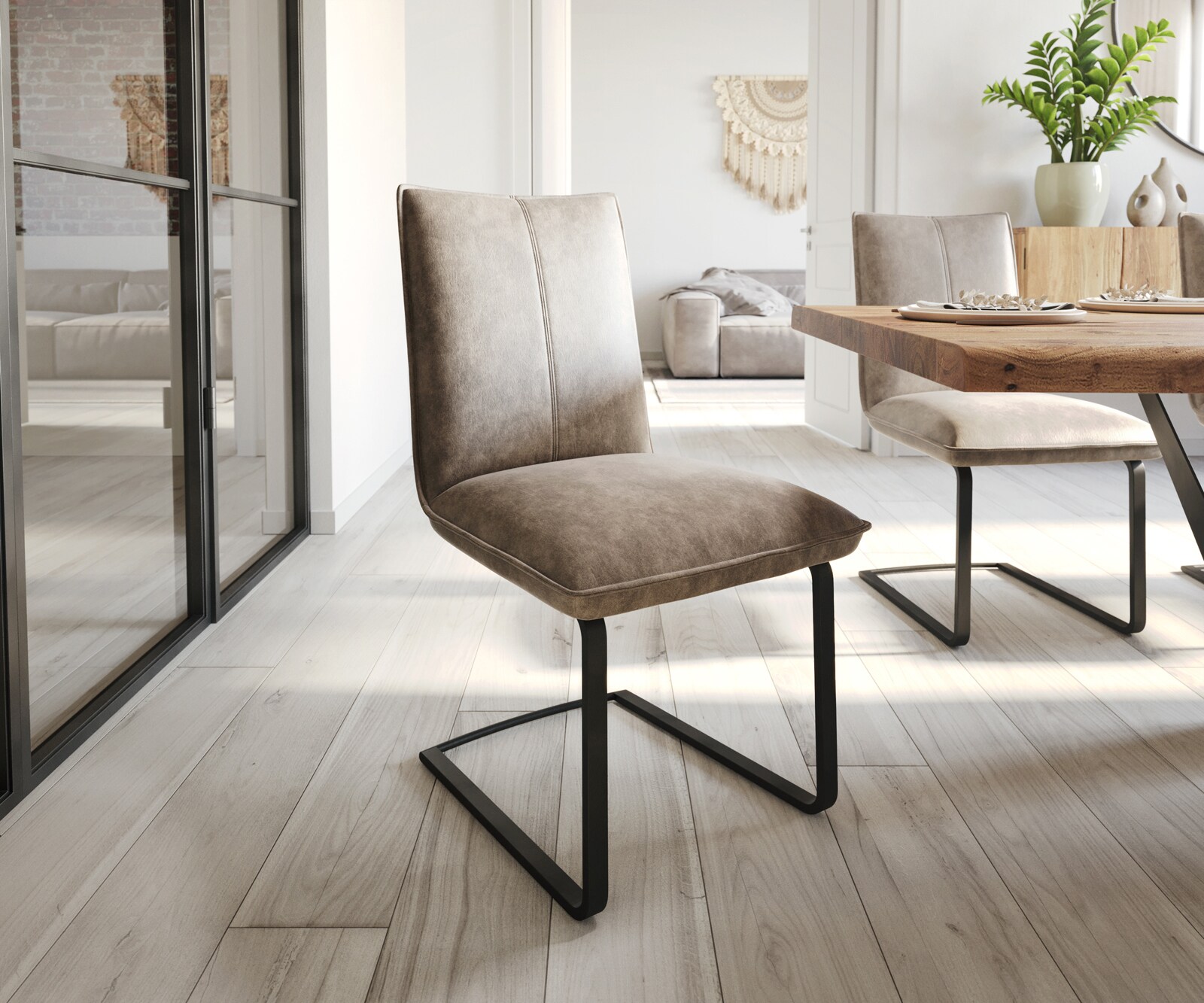 Cantilever Lelio-Flex microvelours taupe vintage pied cantilever plat noir ressorts ensachés