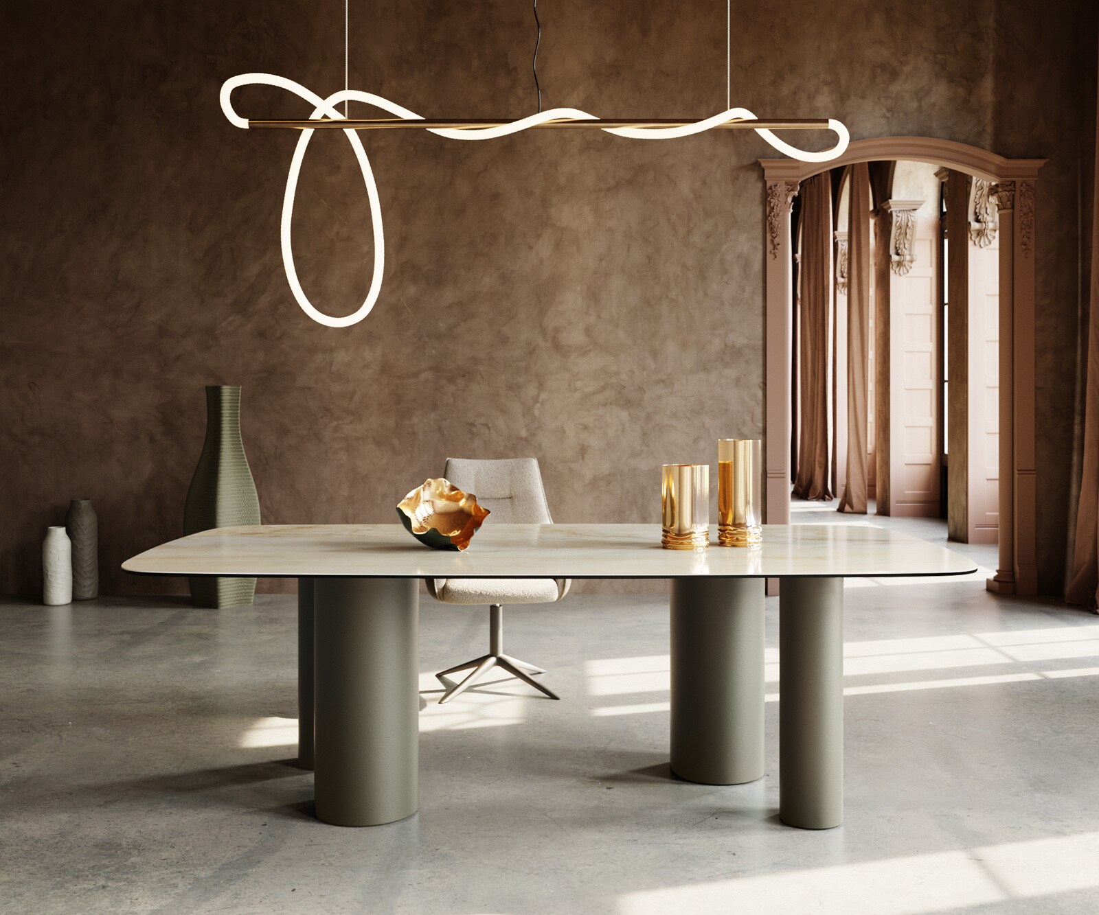 Table à manger Edge Boot 240x120 Céramique Iris FMG Onice Oro Pilier Métal finition à effet Titane 1 Table à manger Edge Boot 240x120 Céramique Iris FMG Onice Oro Pilier Métal finition à effet Titane 1