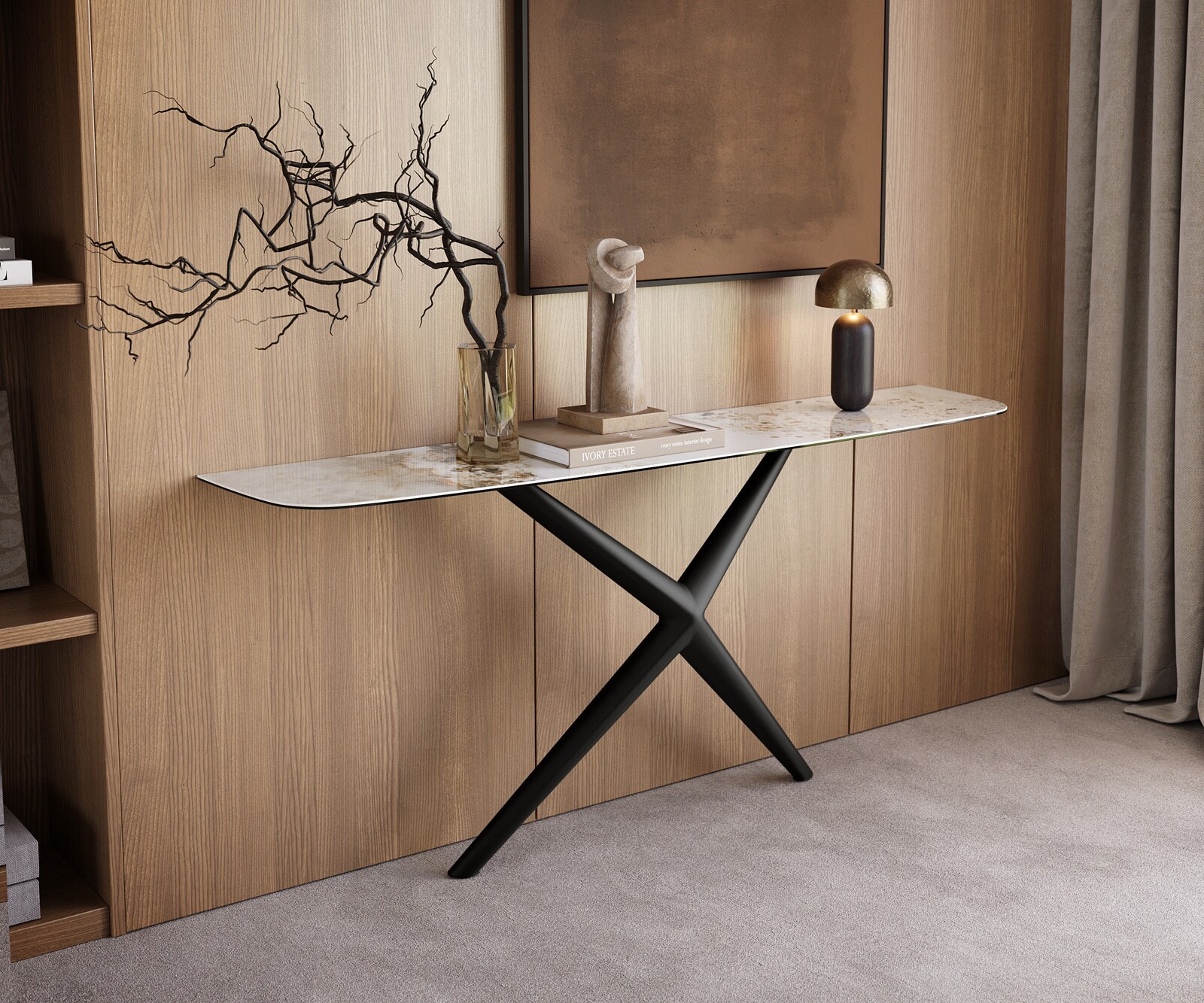Console Edge forme bateau 180x40 cm Céramique Minas Melange Weiß-Beige Estelo Métal Noir