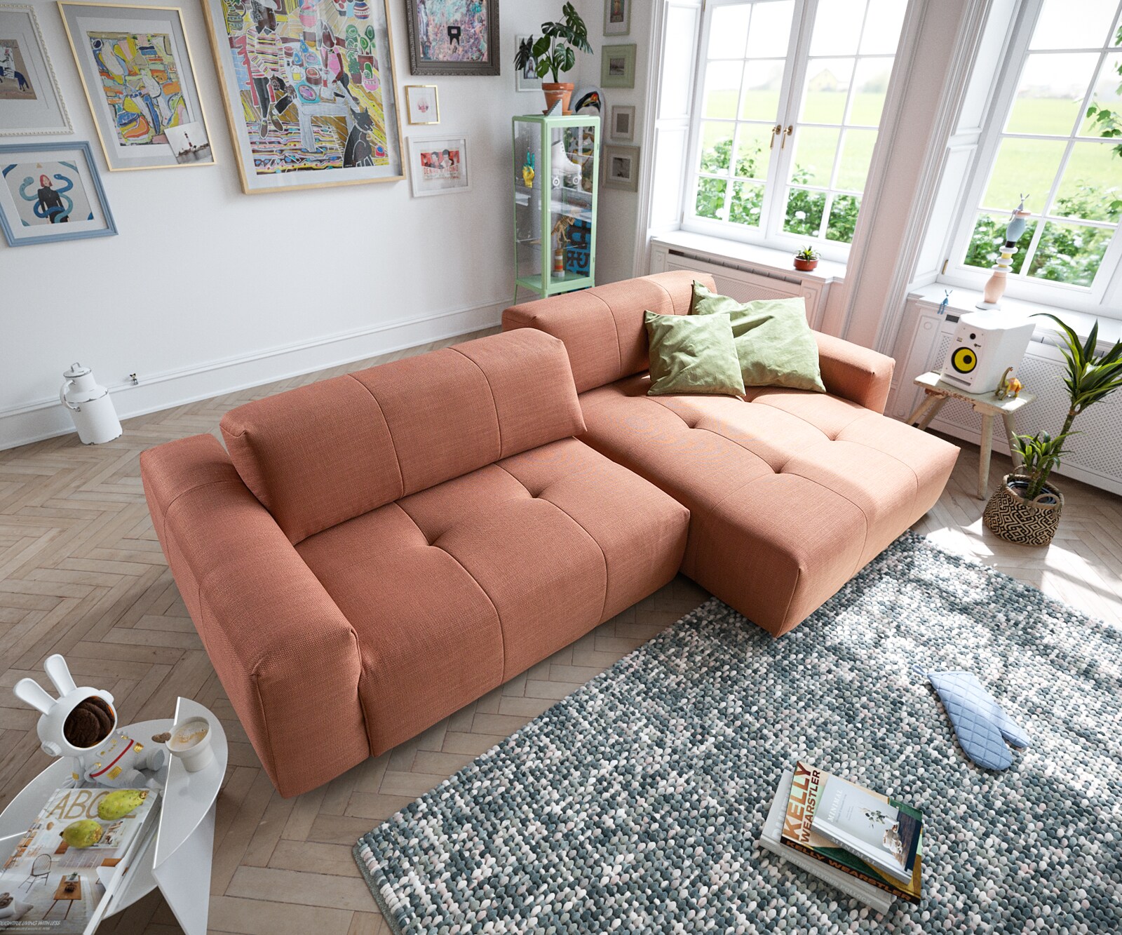 Canapé-d'angle Lazaro 300x160 cm tissu plat orange ottomane à droite avec réglage de la profondeur d'assise 4