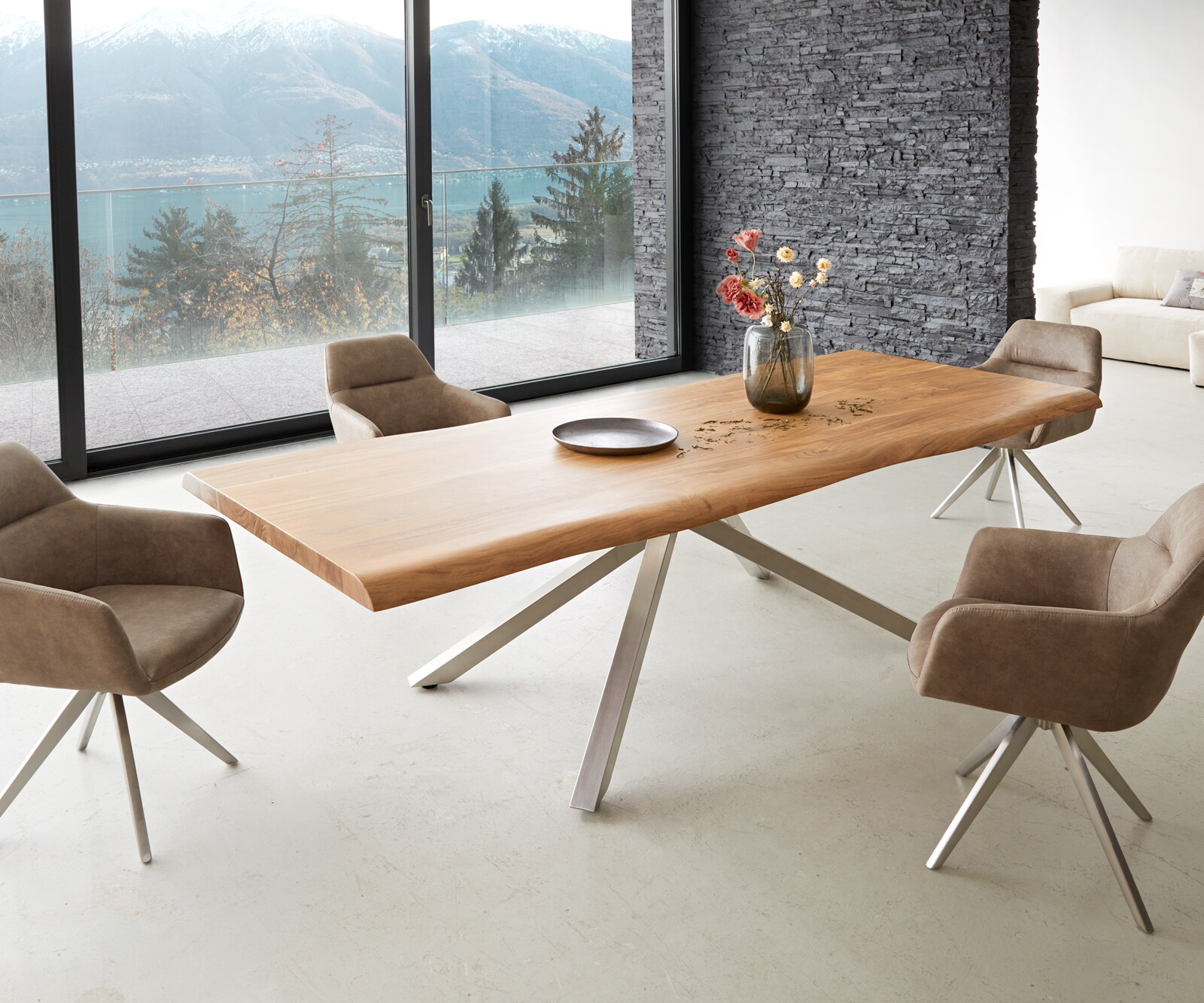 Table à manger Edge 260x100 XL acacia nature cadre croisé rectangle acier inoxydable Live-Edge 7
