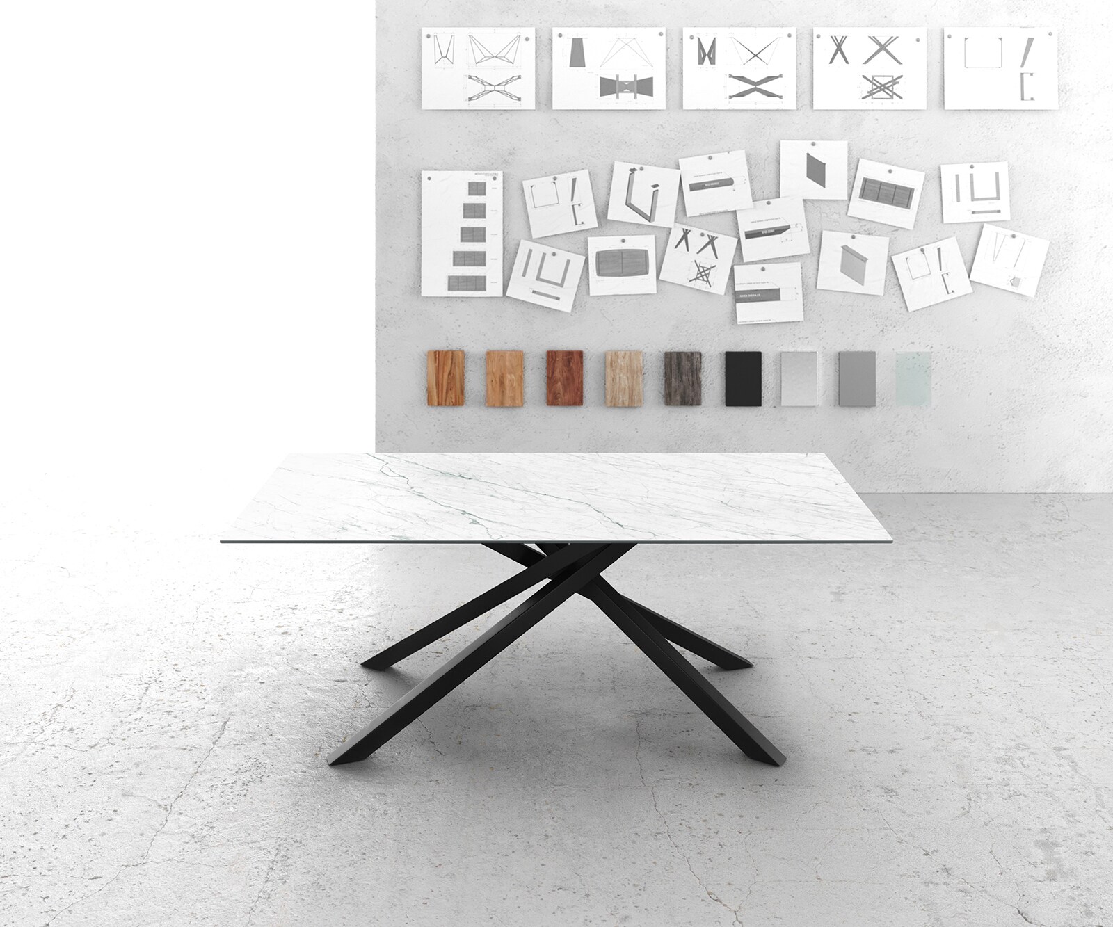 Table-à-manger Edge 200x100cm Laminam® céramique blanc pieds milieu croisé noir 4 Table-à-manger Edge 200x100cm Laminam® céramique blanc pieds milieu croisé noir 4