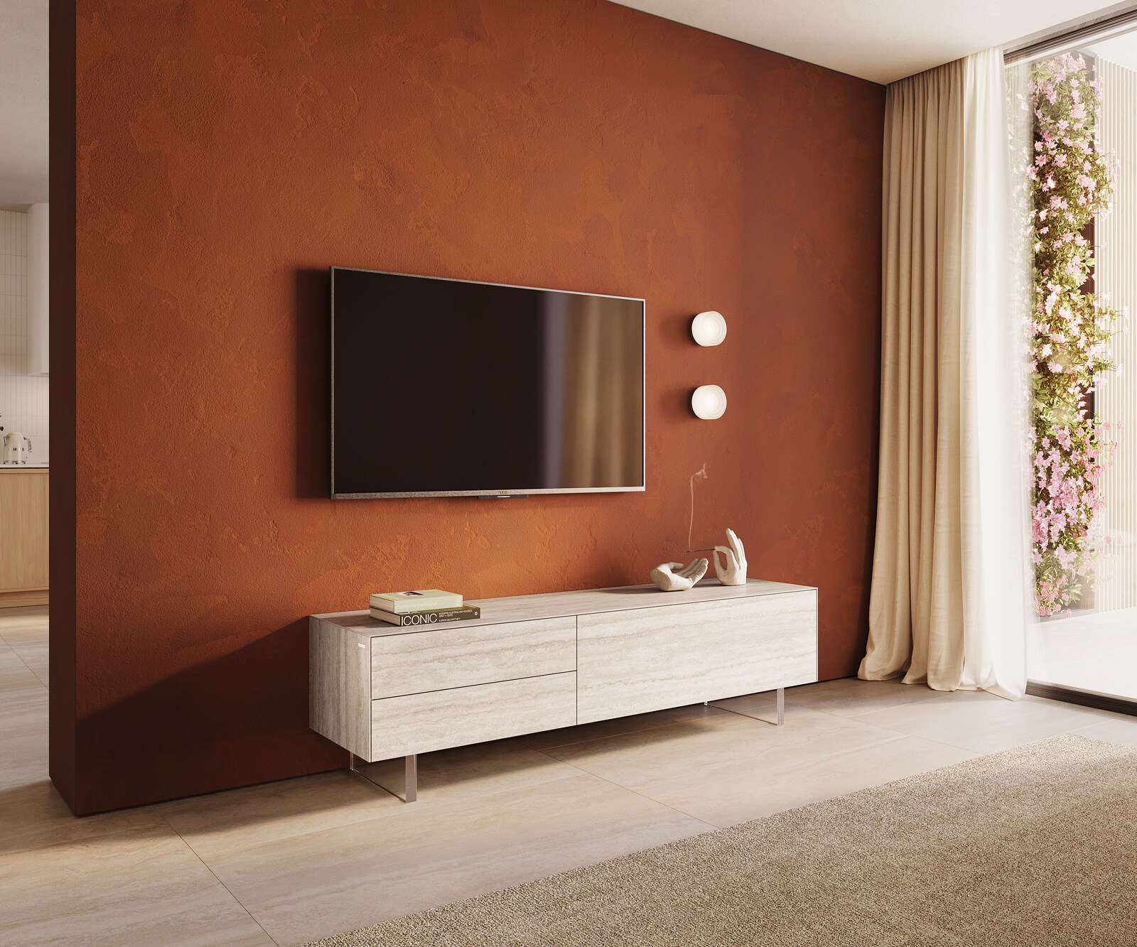 Meuble-TV Cuor 180 cm Céramique Laminam® Travertino Bianco Crème-blanc 1 Clapet 2 Tiroirs Pied optique flottant Verre acrylique 1