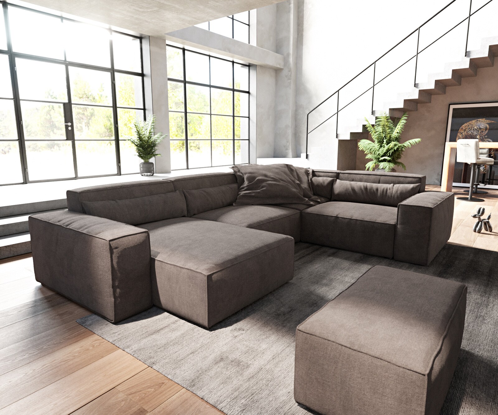 Canapé panoramique Sirpio 300x210 cm Microfibre Marron Kaki Recamiere variable avec Tabouret