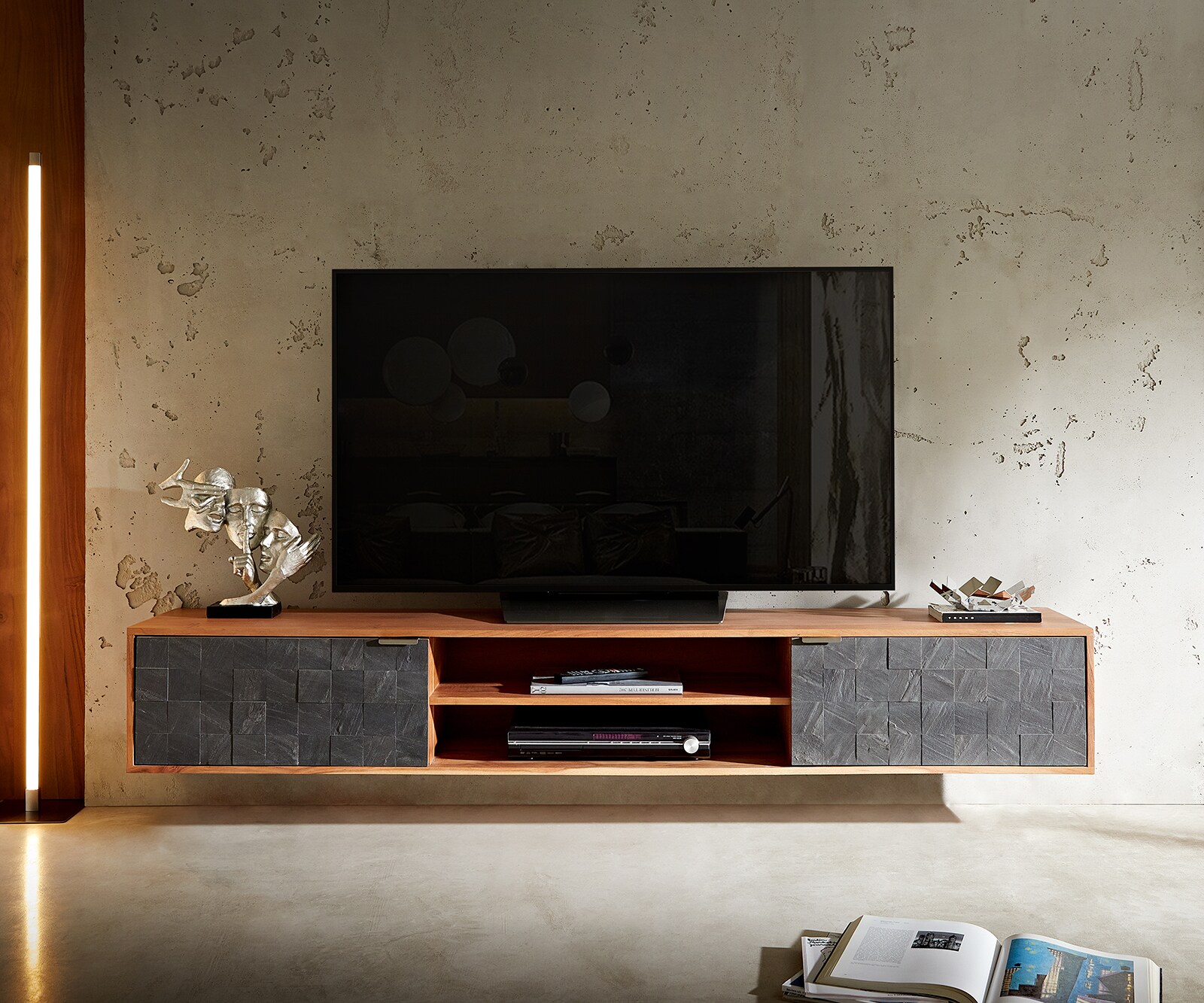 Meuble-TV Teele 200 cm acacia naturel ardoise 2 portes flottantes 1