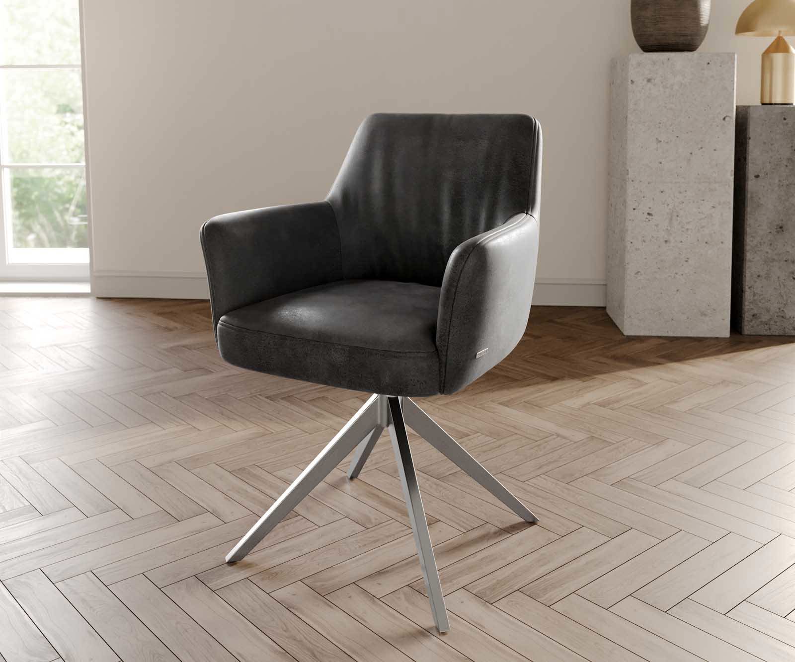 Chaise-pivotante Xana-Flex avec accoudoirs microvelours anthracite vintage pied croisé large acier inoxydable brossé pivotement sur 360° ressorts ensachés Chaise-pivotante Xana-Flex avec accoudoirs microvelours anthracite vintage pied croisé large acier inoxydable brossé pivotement sur 360° ressorts ensachés