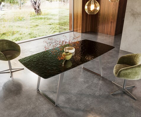 Table à manger Edge Boot 200x100 verre en relief noir 3D-Design acier inoxydable incliné