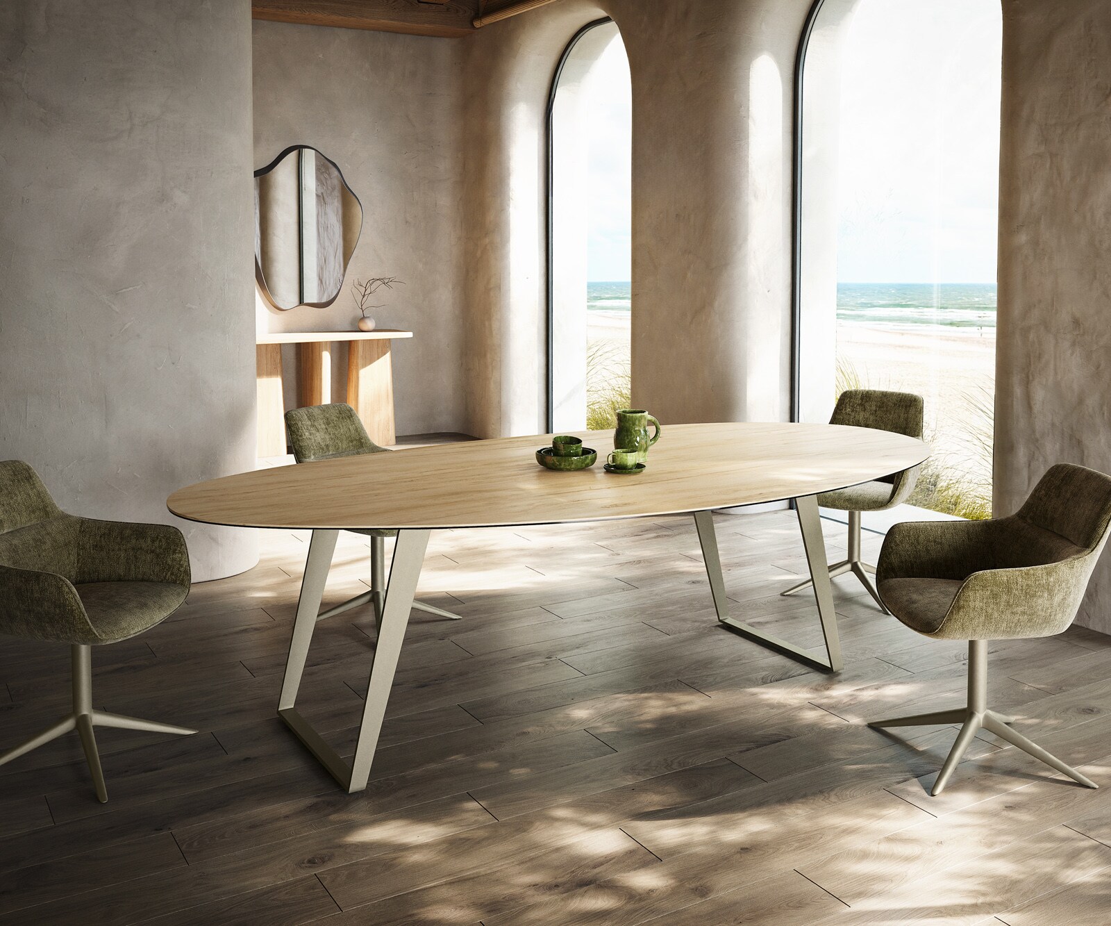 Table à manger Edge Oval 280x130 cm Céramique Laminam® Sabbia couleur chêne Métal Oblique Finition effet Titan