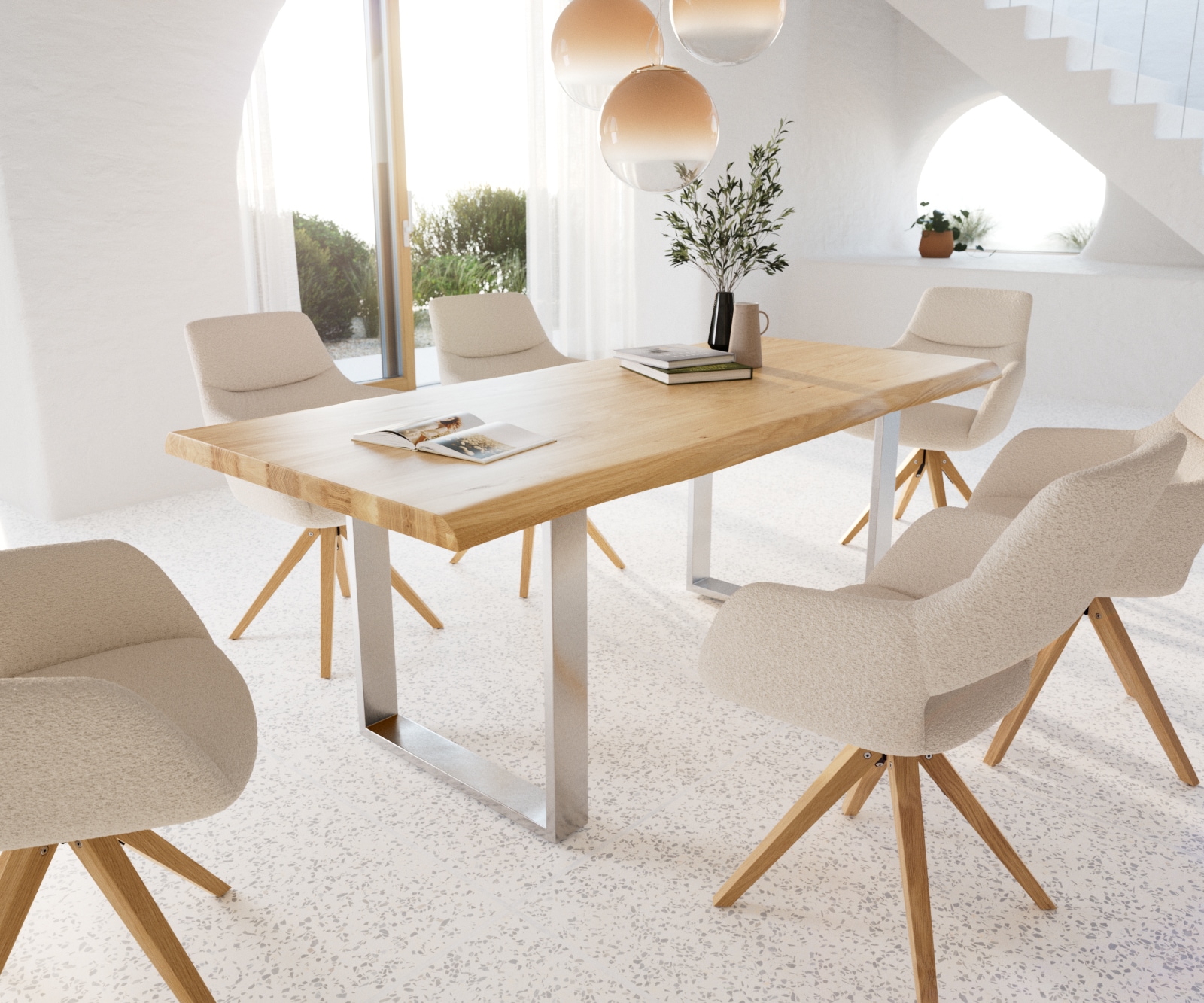 Table à manger Edge 200x100 chêne nature acier inoxydable mince Live-Edge 6 Table à manger Edge 200x100 chêne nature acier inoxydable mince Live-Edge 6