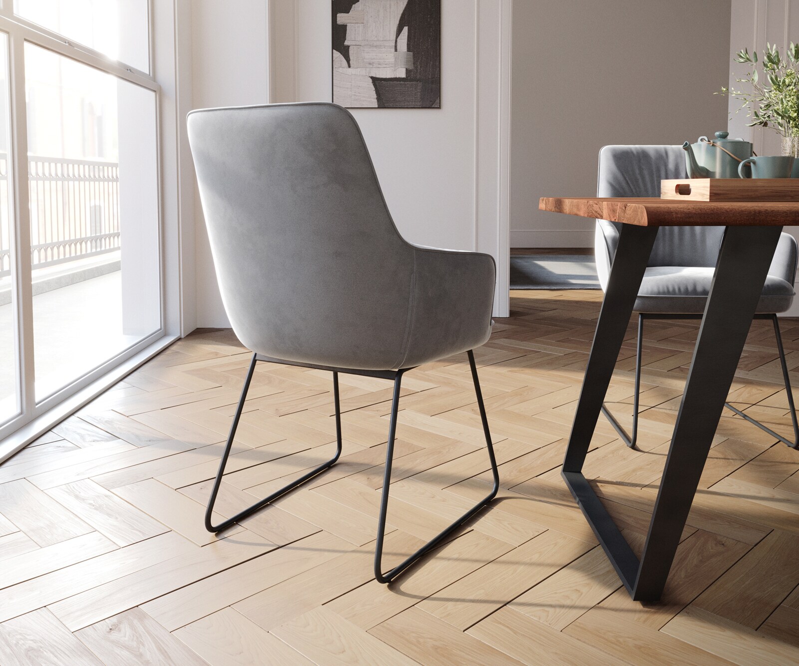 Chaise-de-salle-à-manger Zelia-Flex avec accoudoirs velours gris pied trapèze noir ressorts ensachés 4 Chaise-de-salle-à-manger Zelia-Flex avec accoudoirs velours gris pied trapèze noir ressorts ensachés 4