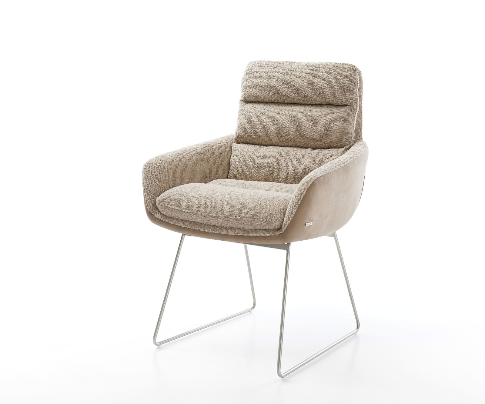 Chaise-de-salle-à-manger Abelia-Flex avec accoudoirs tissu mixte couleur boue pied trapèze acier inoxydable brossé