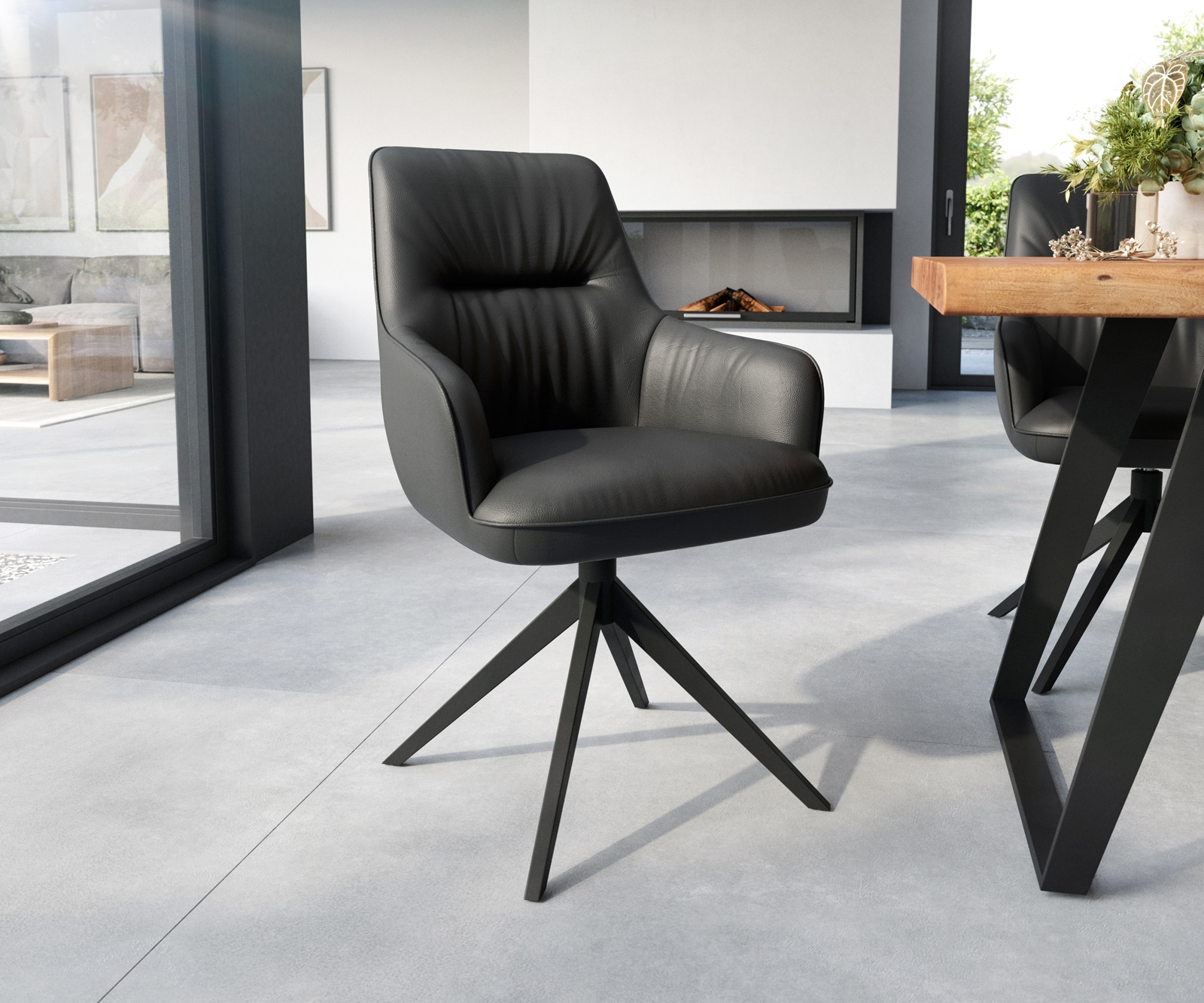 Chaise-de-salle-à-manger Zelia-Flex avec accoudoirs cuir de vache noir pied croisé large noir ressorts ensachés Chaise-de-salle-à-manger Zelia-Flex avec accoudoirs cuir de vache noir pied croisé large noir ressorts ensachés