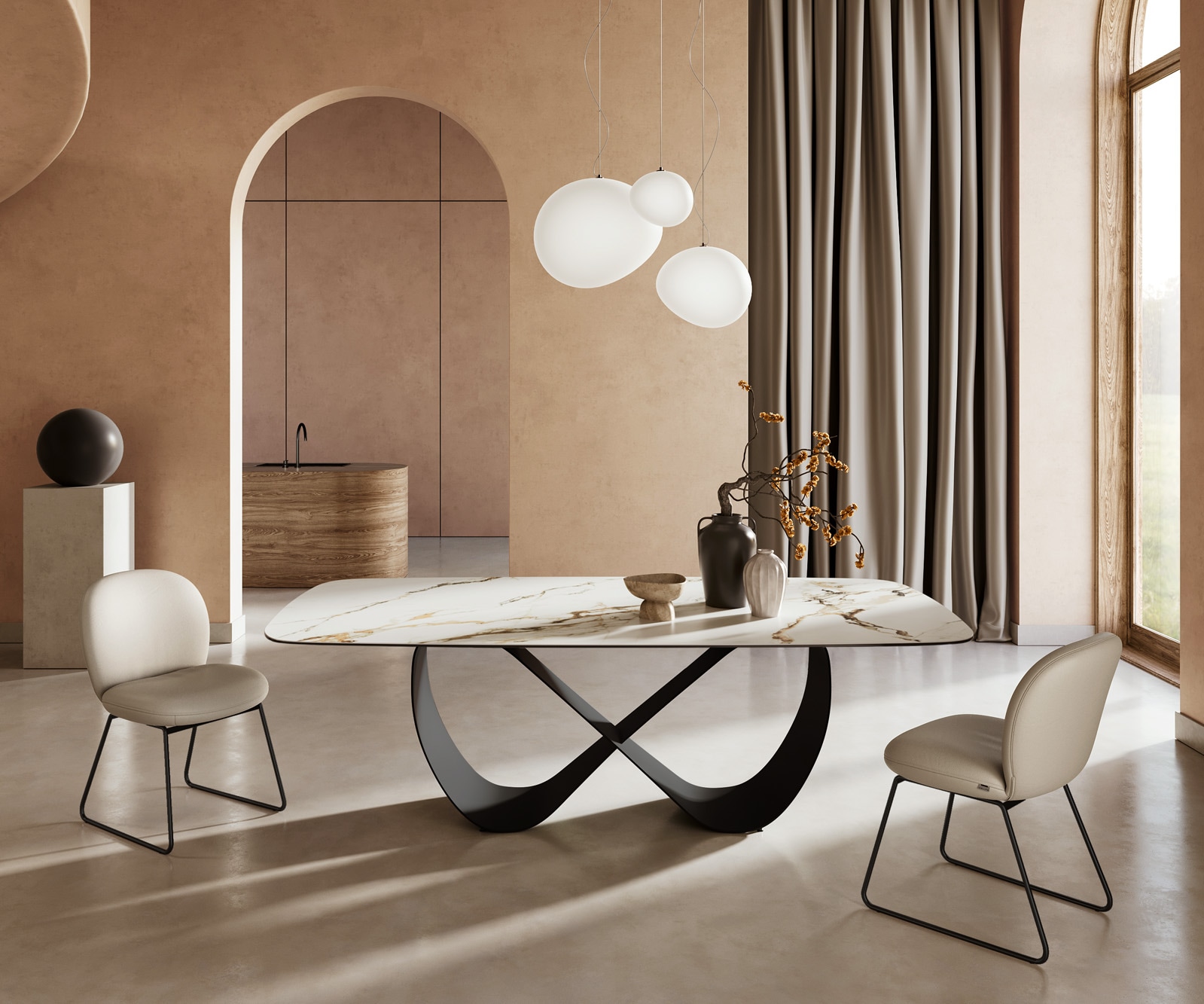 Table à manger Edge Boot 240x120cm céramique Calacatta Luxe blanc-doré-gris Infinity métal noir Table à manger Edge Boot 240x120cm céramique Calacatta Luxe blanc-doré-gris Infinity métal noir