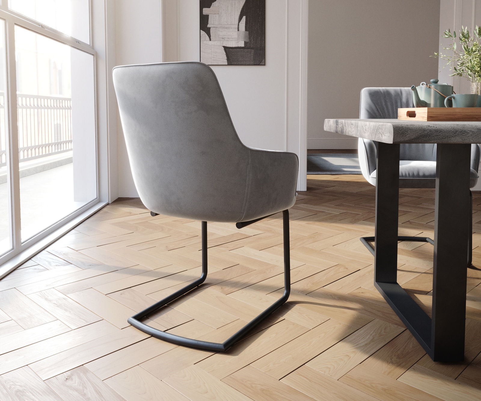 Cantilever Zelia-Flex avec accoudoirs velours gris pied cantilever rond noir ressorts ensachés 4 Cantilever Zelia-Flex avec accoudoirs velours gris pied cantilever rond noir ressorts ensachés 4