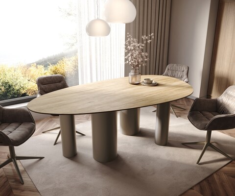 Table à manger Edge Ovale 220x120 Céramique Laminam® Sabbia Couleur chêne Pilier Métal finition à effet Titane