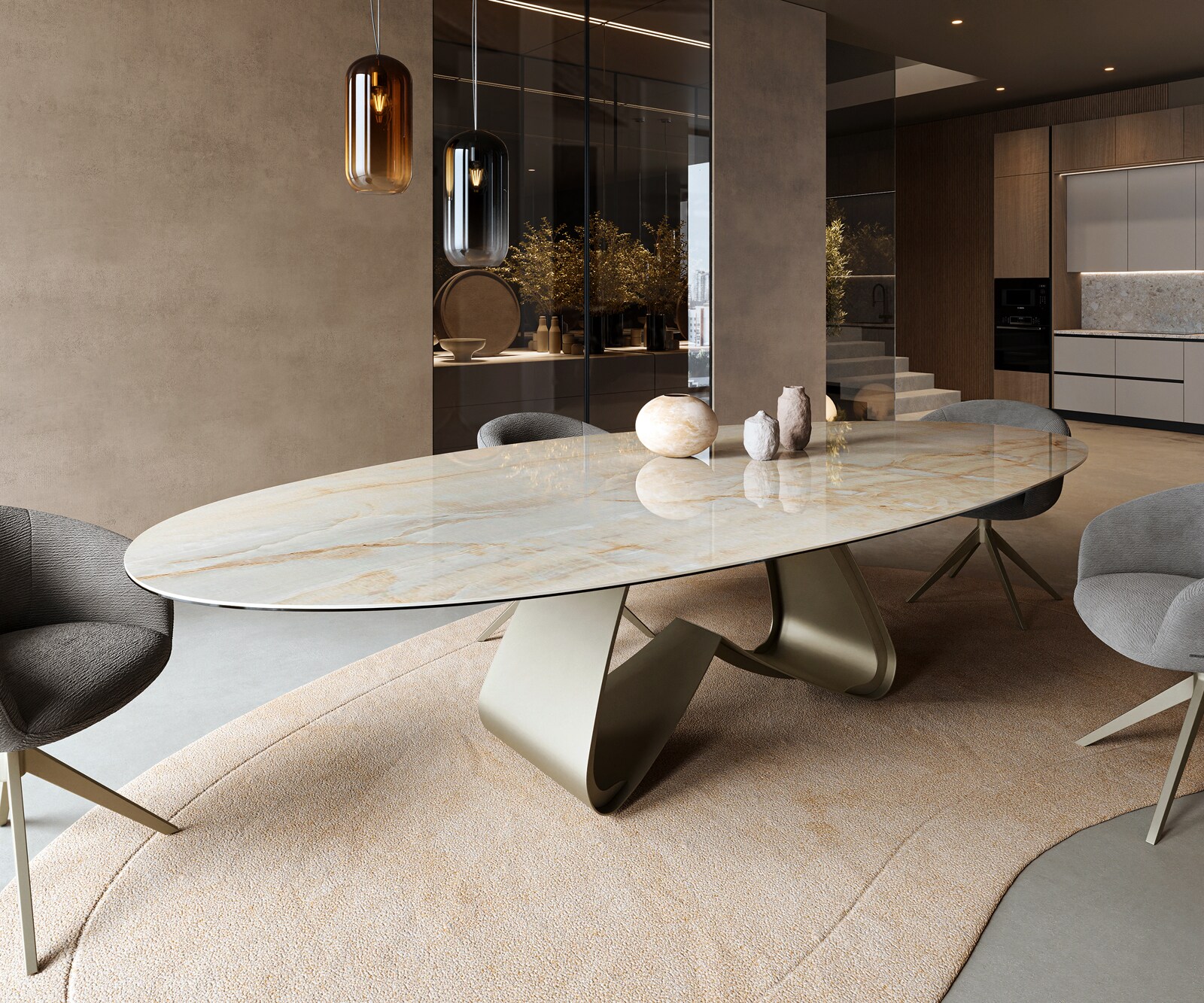 Table à manger Edge Oval 315x150 cm Céramique Iris FMG Onice Oro piètement en W Métal Finition effet Titan 1