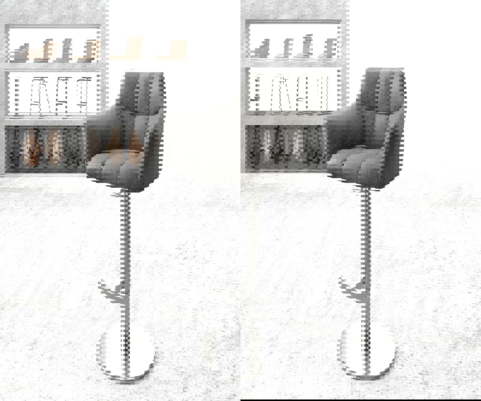 Chaise-de-bar Yulo-Flex vintage gris base tournante réglable en haut acier inoxydable