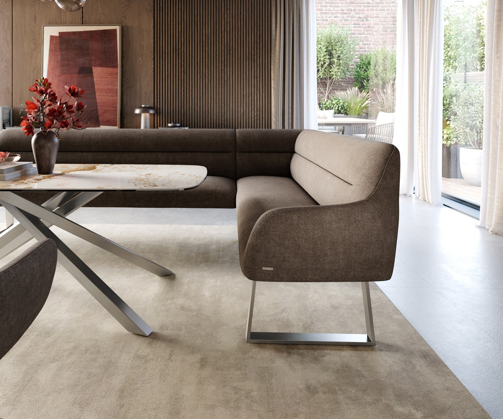 Banc-de-salle-à-manger Taya-Flex 285x190 cm tissu structuré doux taupe piètement à patins angulaire acier inoxydable ressort ensaché liens 5