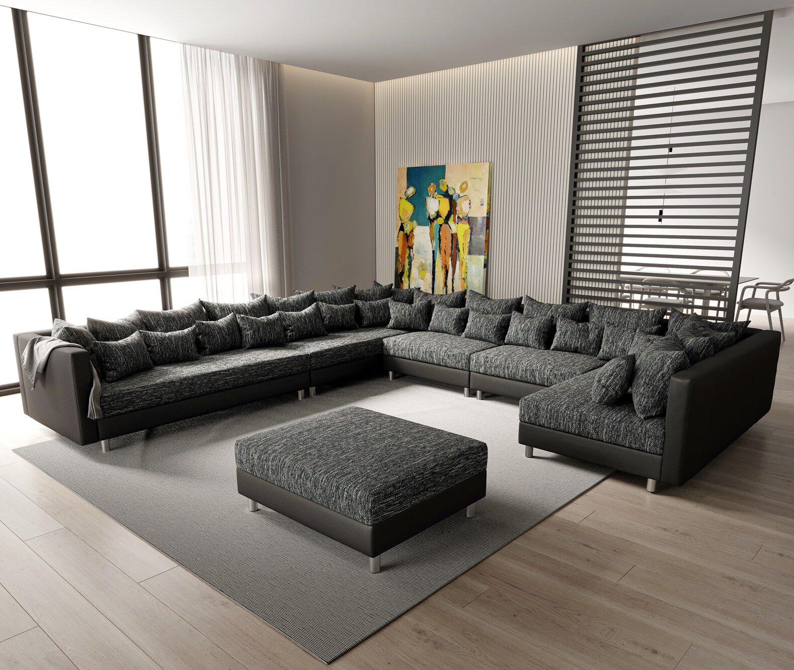 Canapé-panoramique Clovis XXL Tabouret noir pouf gauche Modulable