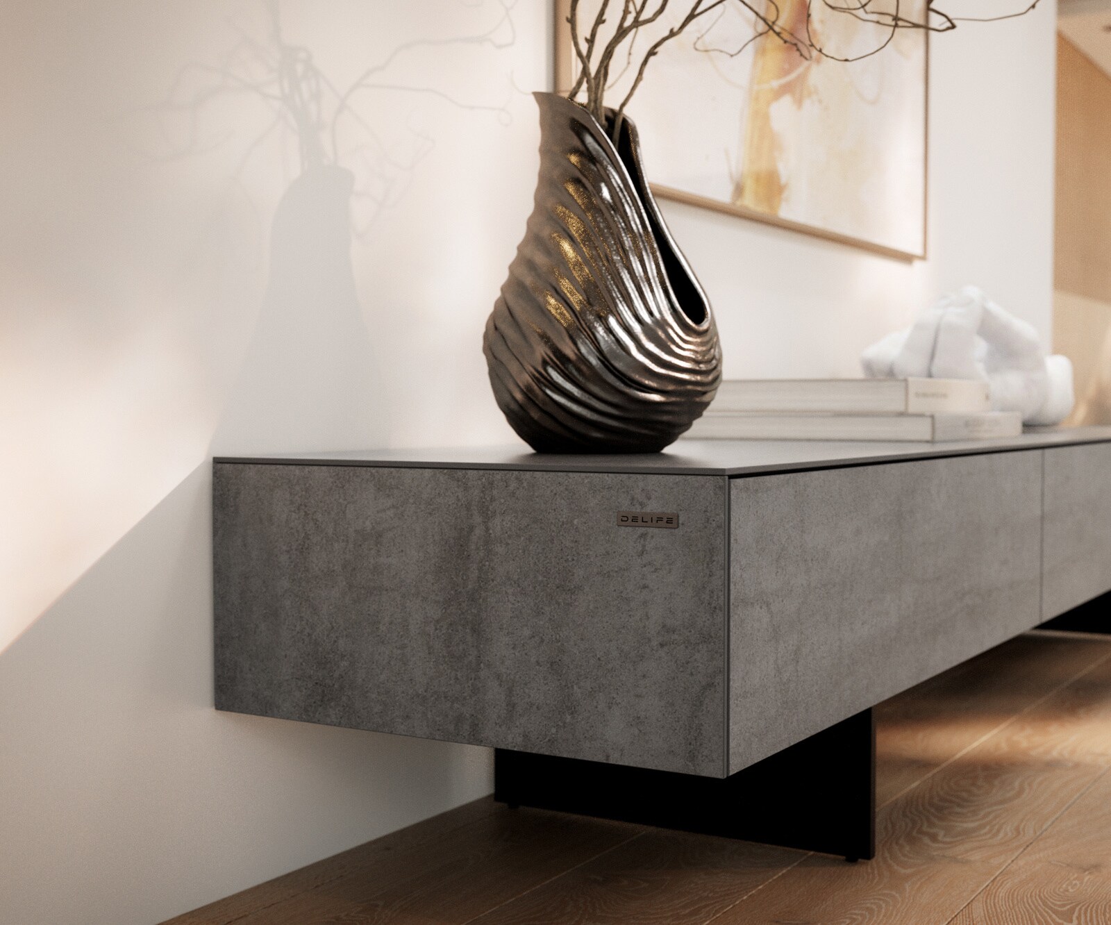 Meuble-TV Cuor 200 cm Céramique Béton gris 1 Clapet 1 Tiroir Pied optique flottant Métal Noir 6