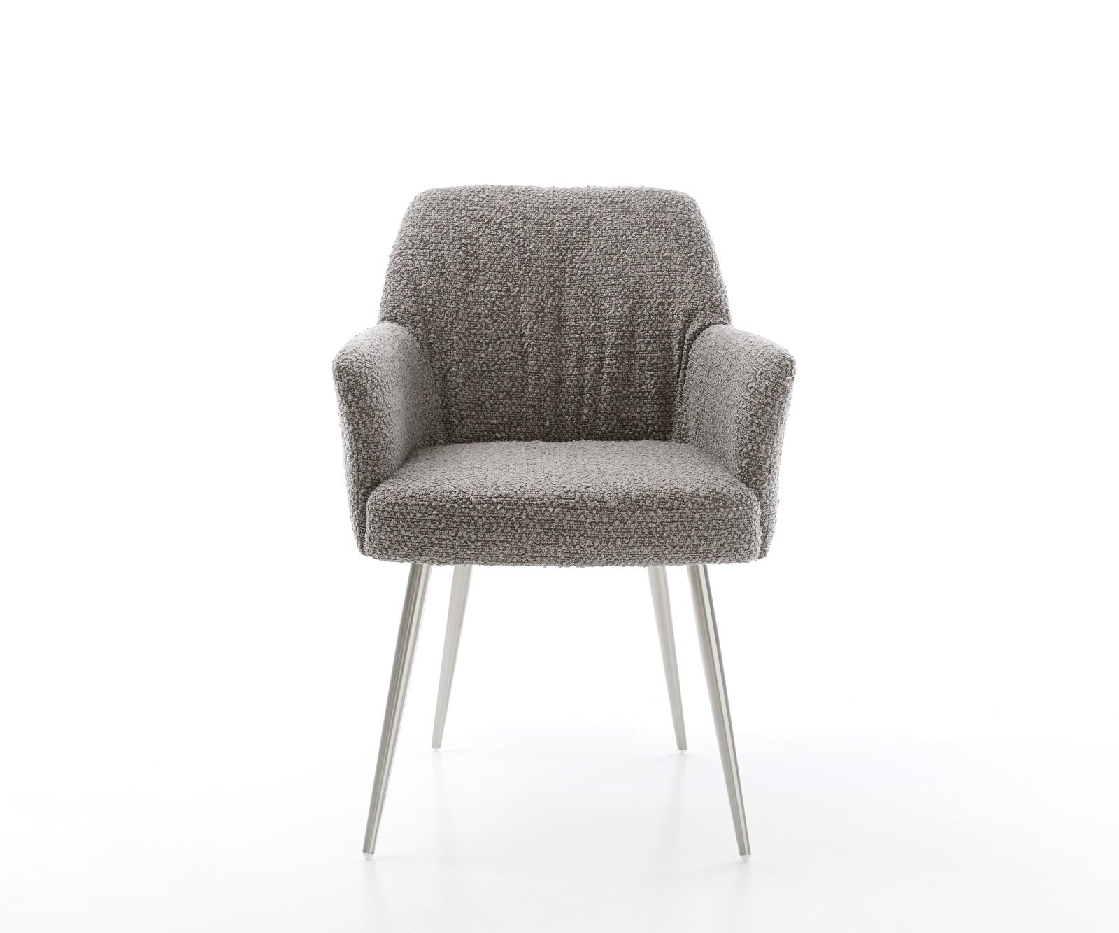 Chaise-de-salle-à-manger Xana-Flex avec accoudoirs bouclé gris argenté 4 pieds coniques acier inoxydable brossé ressorts ensachés 1