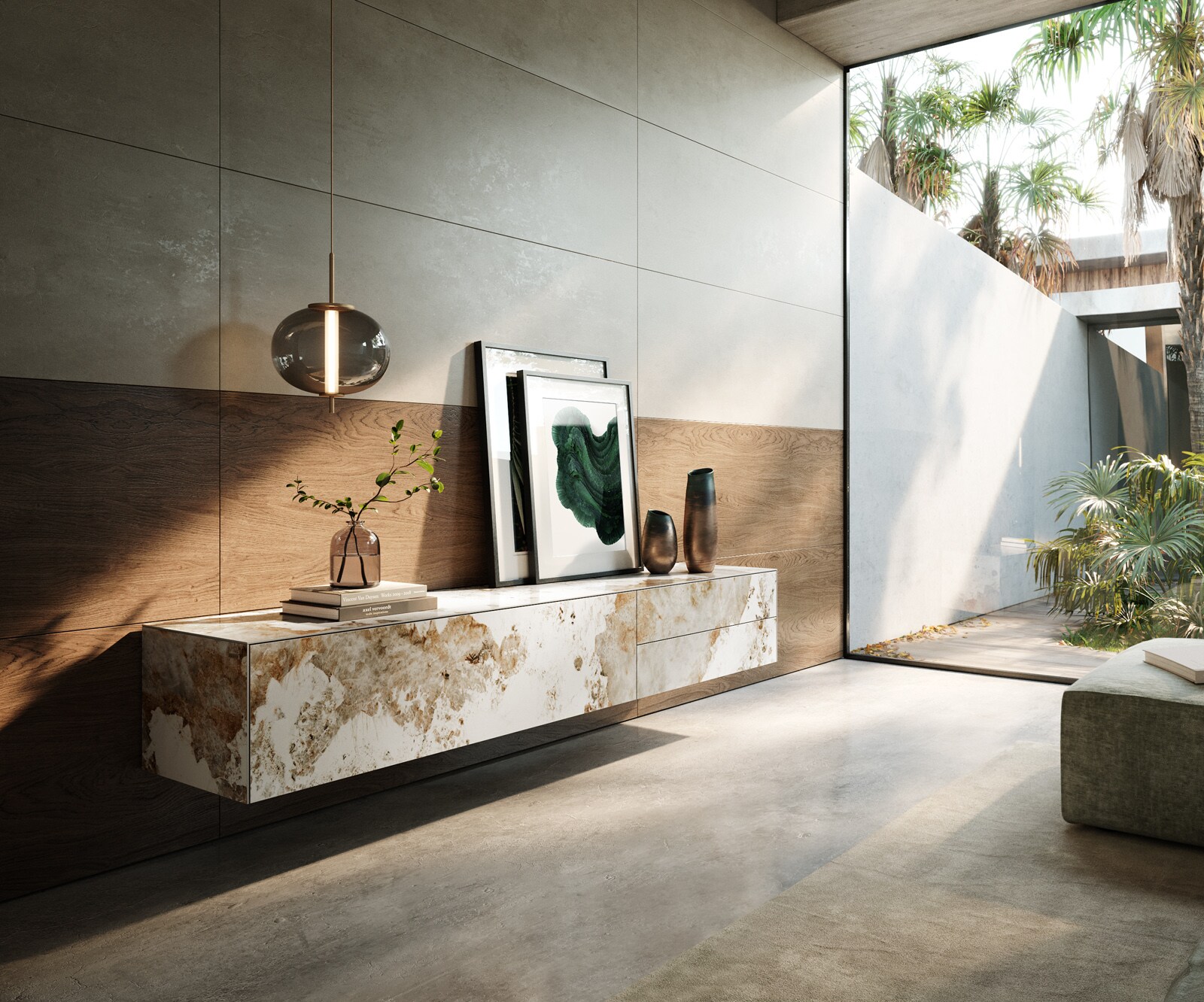 Meuble-TV Cuor 220 cm Céramique Minas Melange Blanc-beige 1 Clapet 2 Tiroirs Flottant