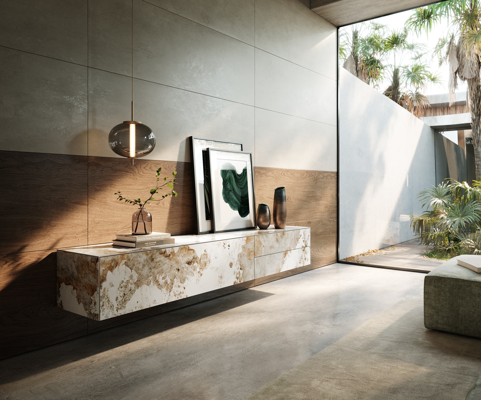 Meuble-TV Cuor 220 cm Céramique Minas Melange Blanc-beige 1 Clapet 2 Tiroirs Flottant Meuble-TV Cuor 220 cm Céramique Minas Melange Blanc-beige 1 Clapet 2 Tiroirs Flottant